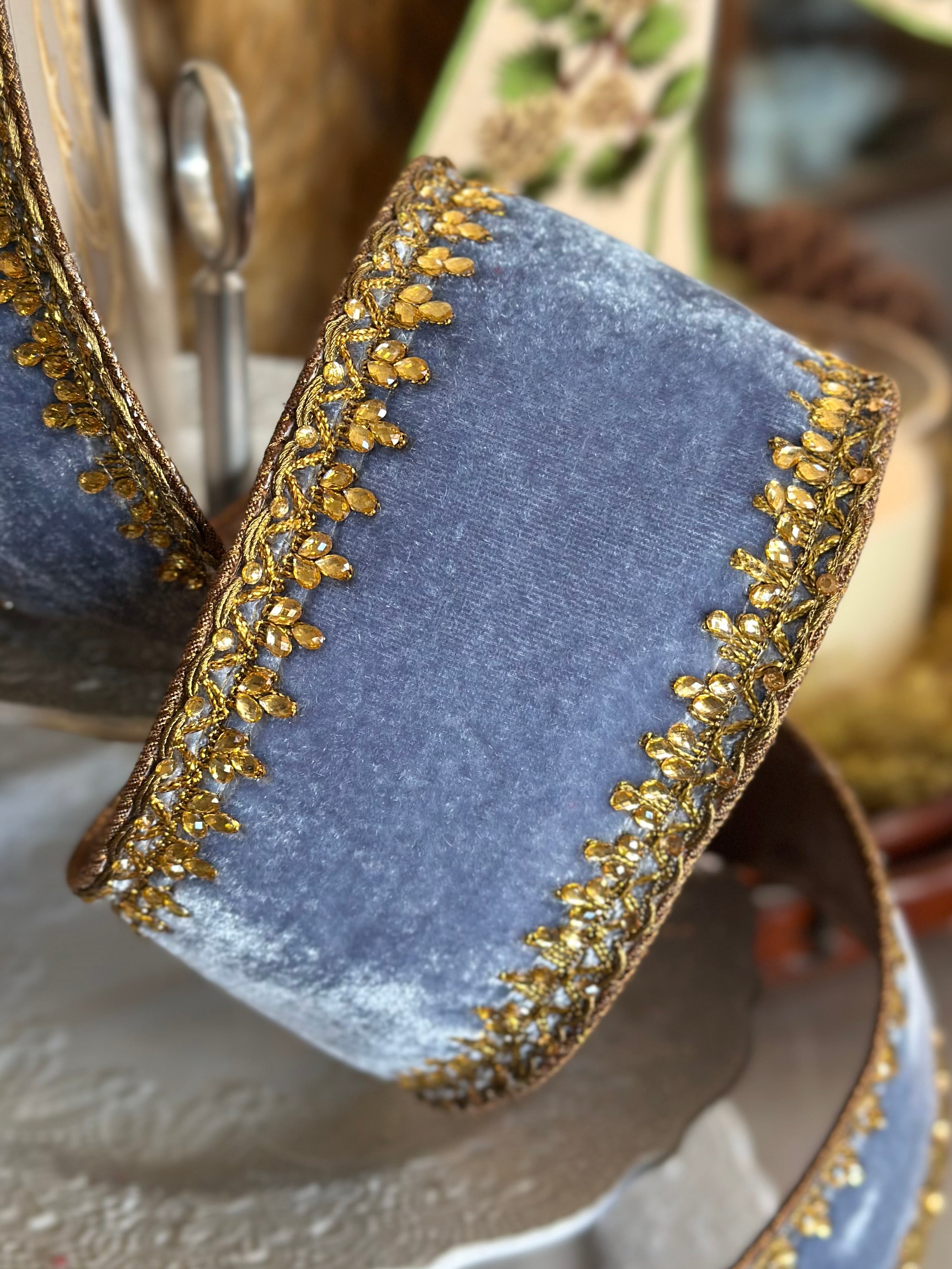 4" Lush Velvet Countessa Scallop Jewel Trim, Dusty Blue