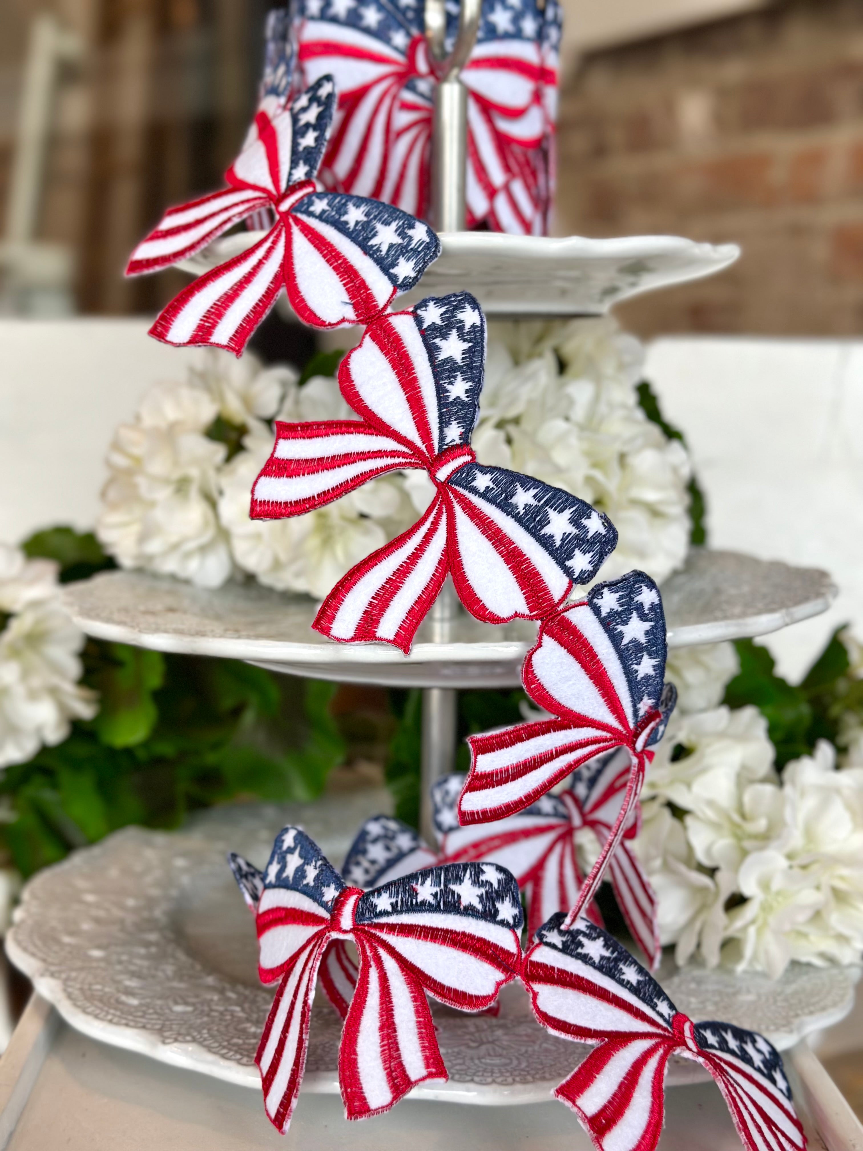3.5" wide, felt embroidery americana bow garland, red white blue