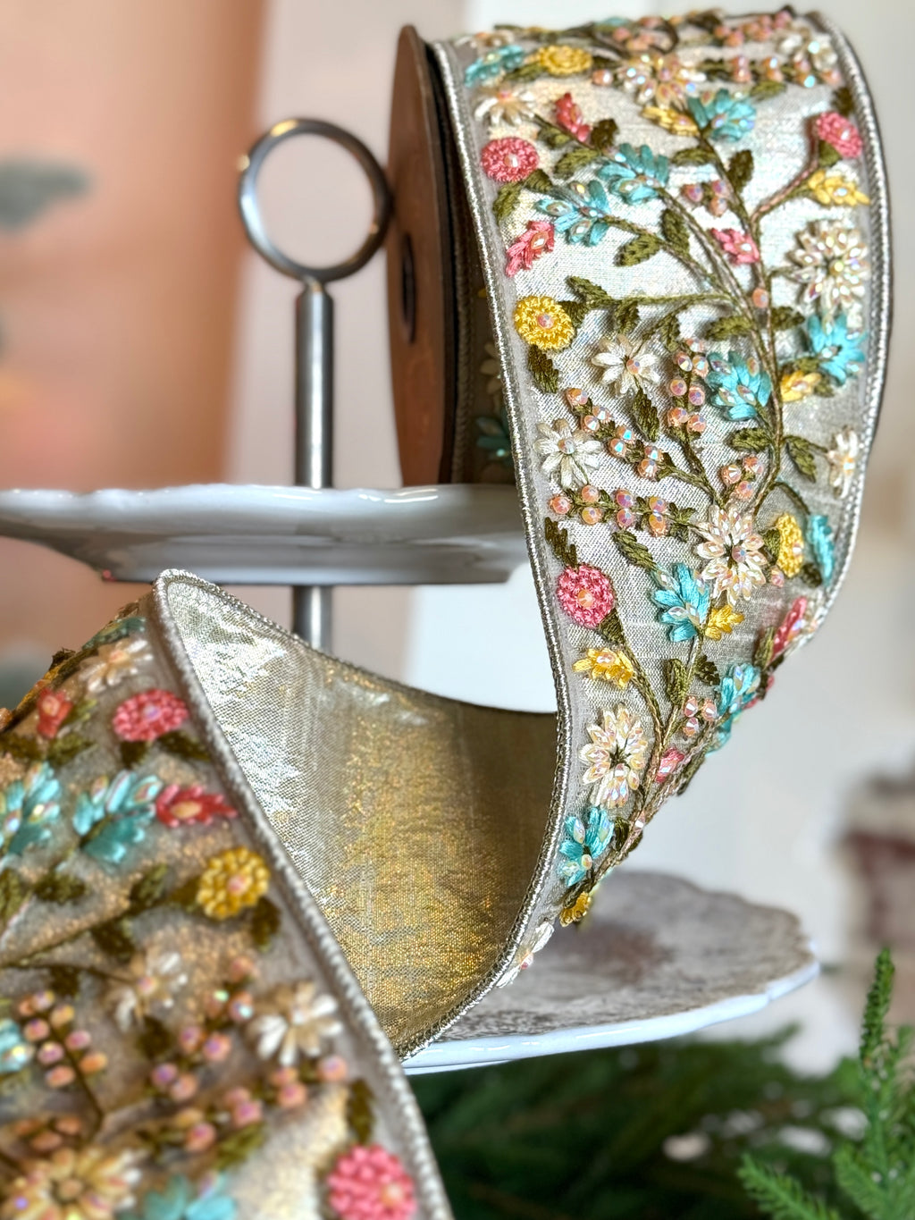 3.75" Wide metallic dupion jewel floral applique, platinum pink blue