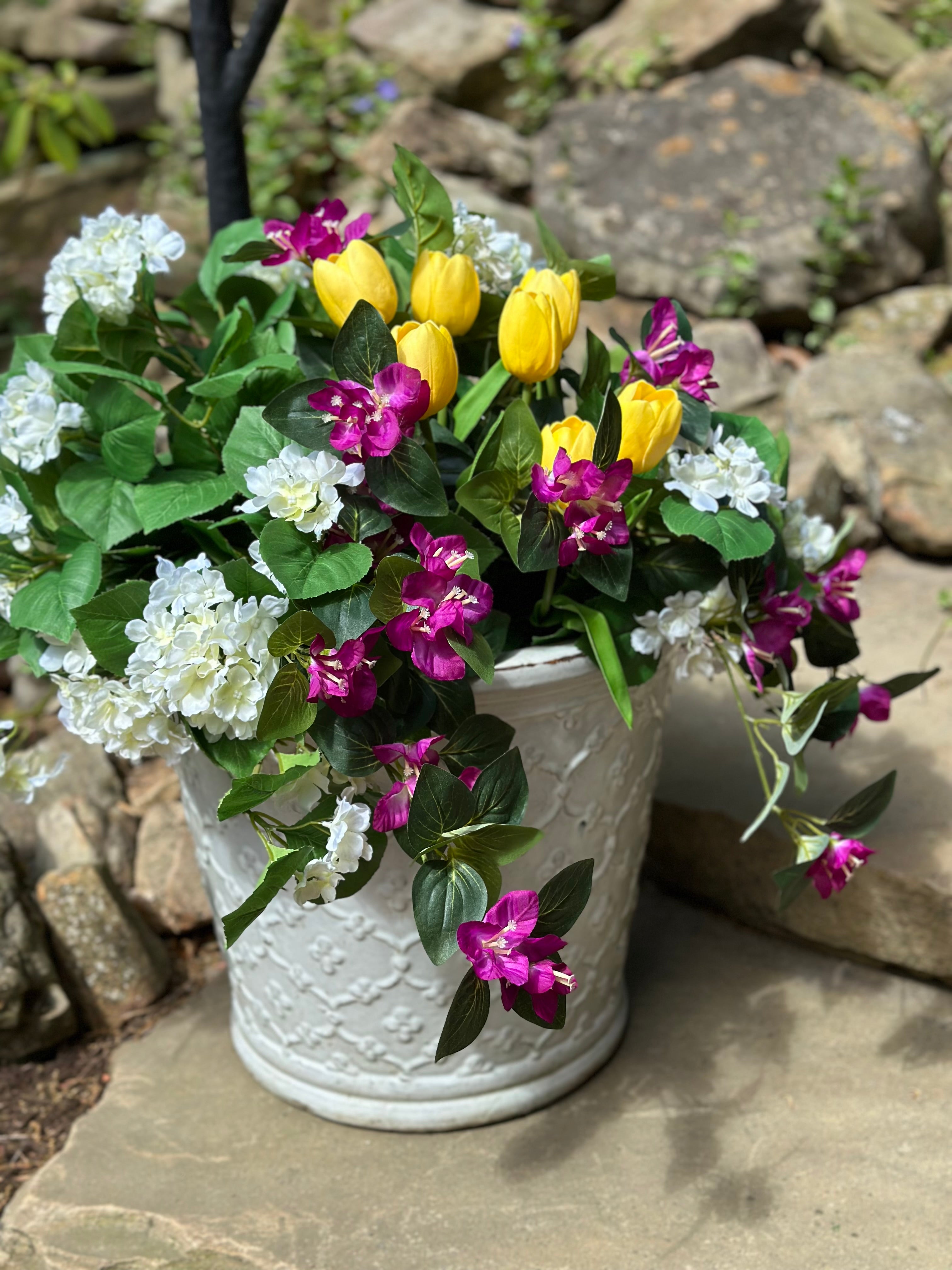 Yellow Tulip, Bougainvillea, Hydrangea Planter