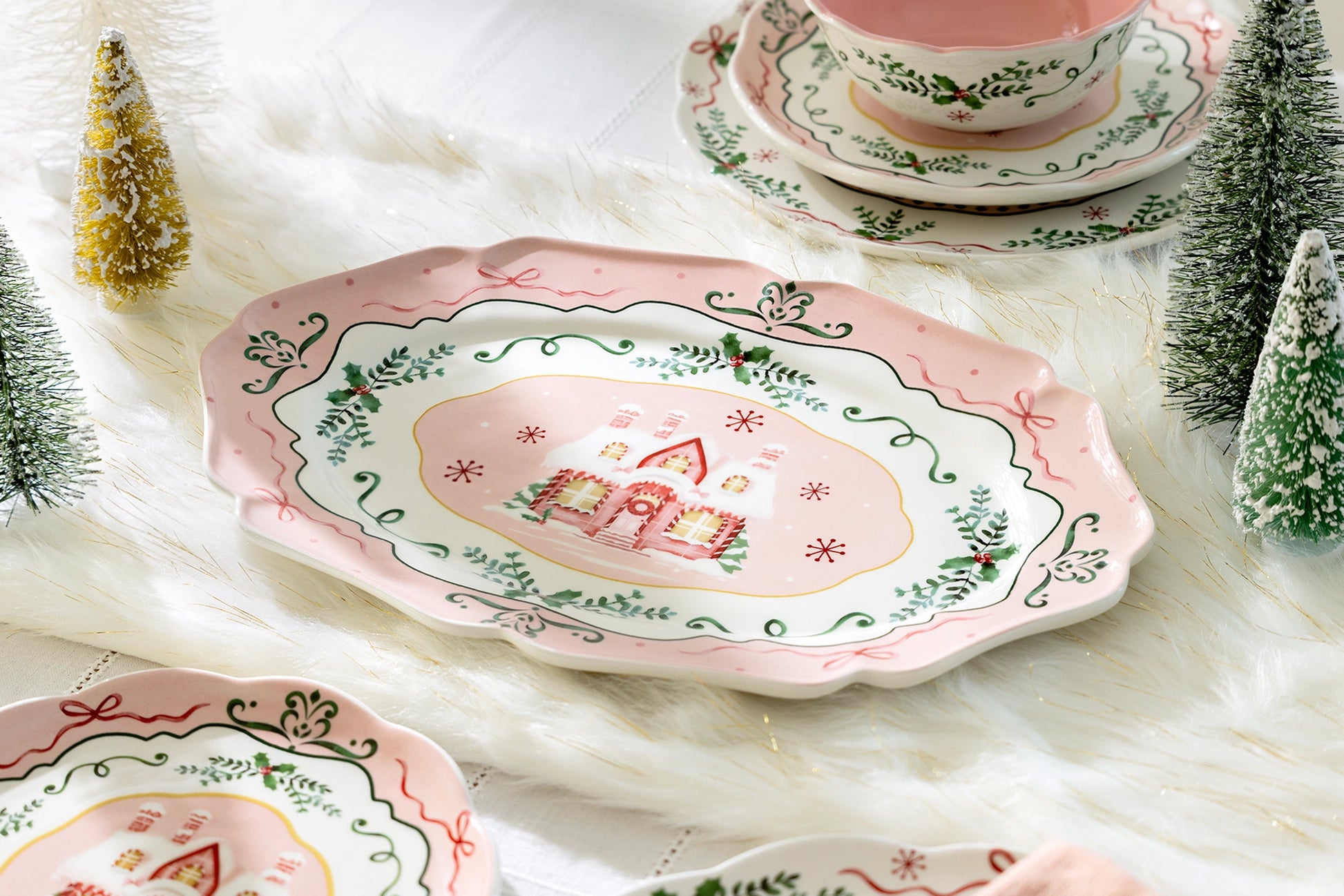 Christmas House Pink 14.5" Serving Platter