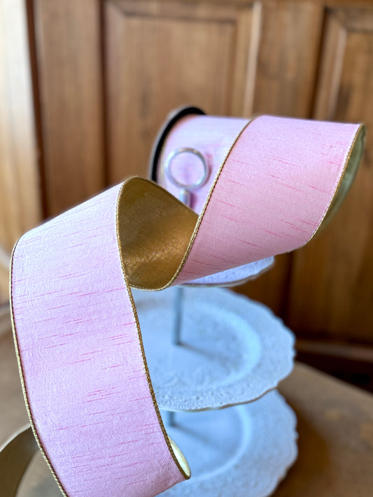 4" Wide, slub dupion metallic gold back, light pink.