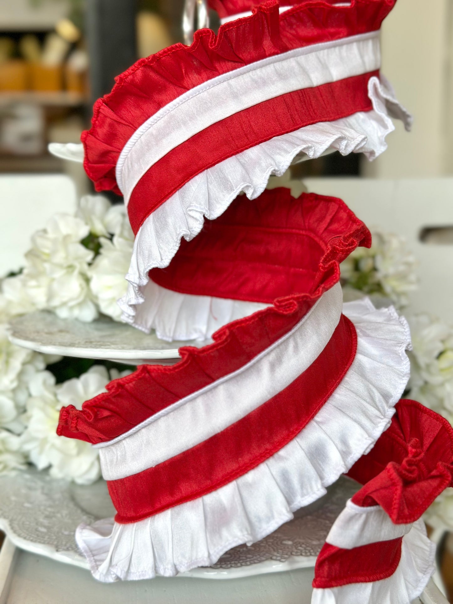 4" wide, Ruffle Red and White Ribbon