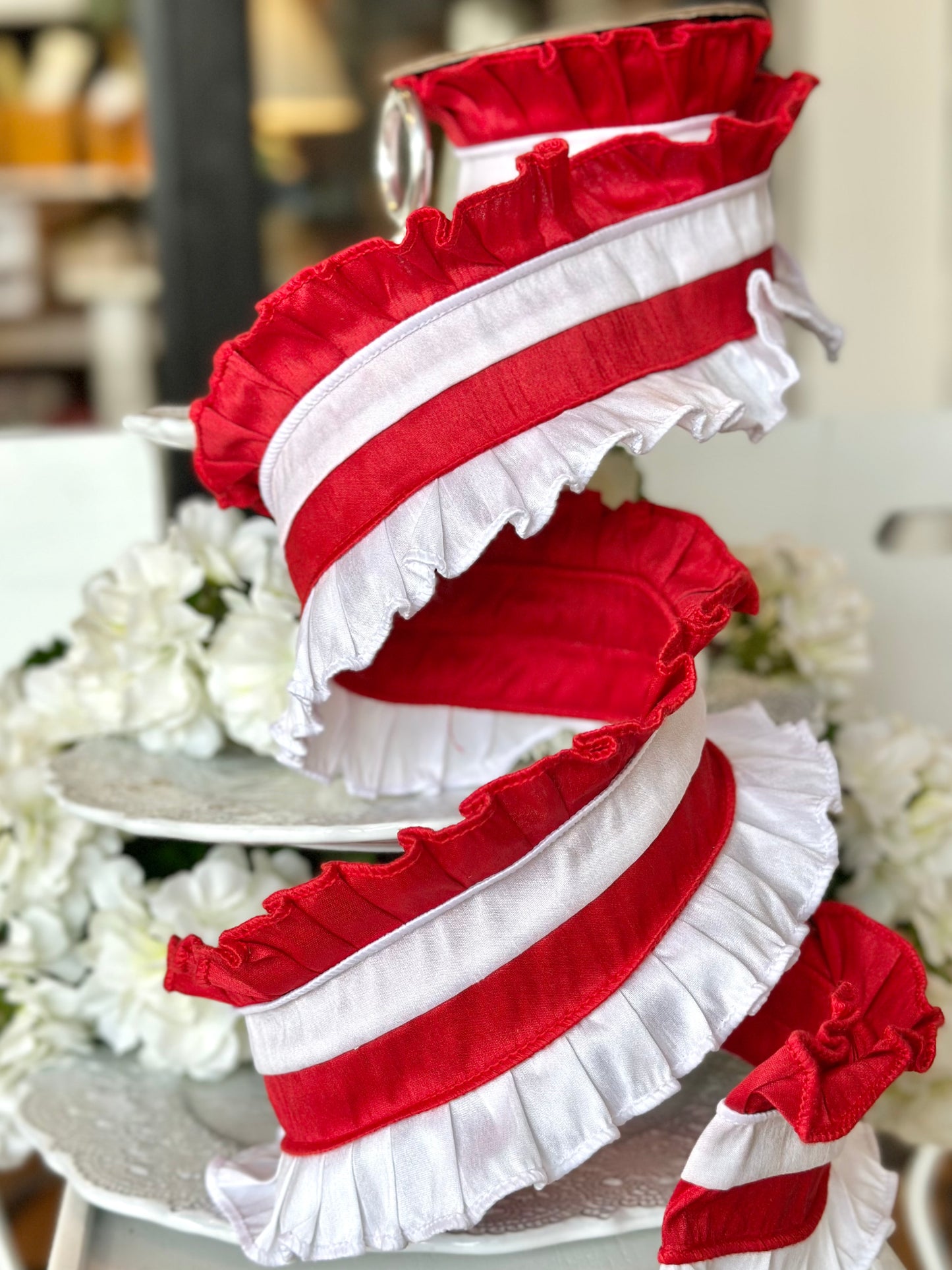4" wide, Ruffle Red and White Ribbon