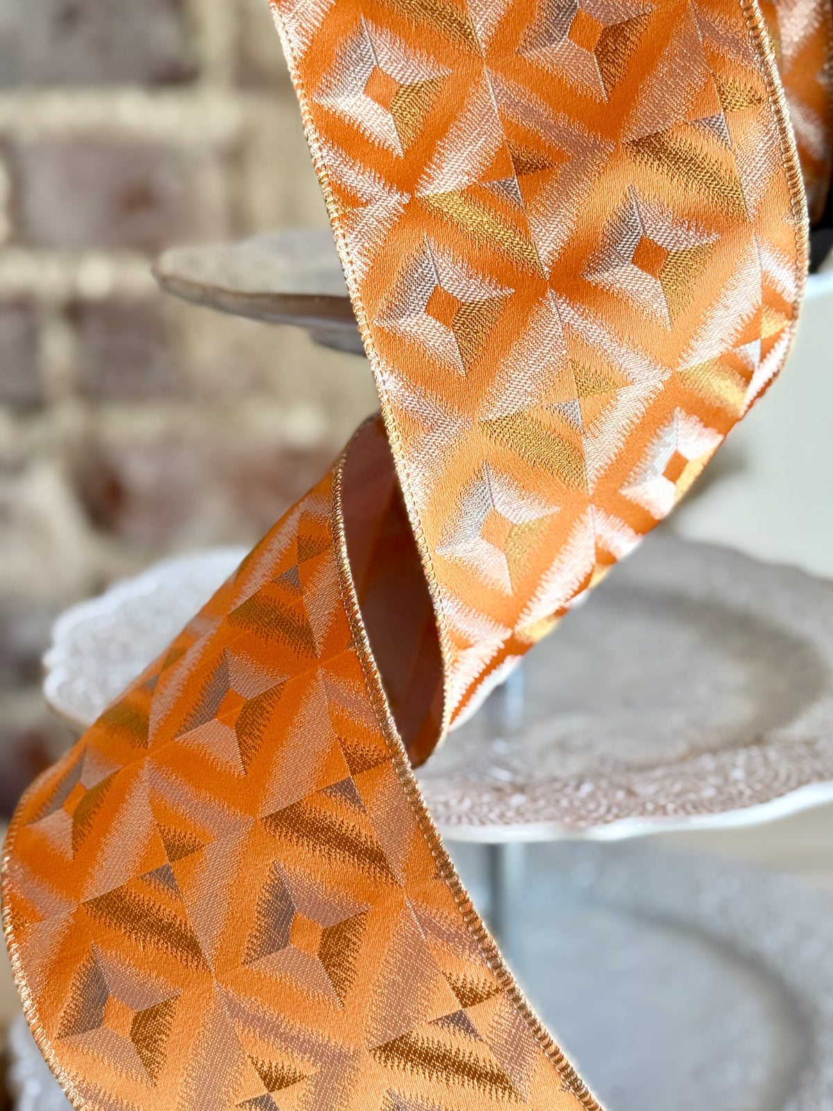 4”  Orange ribbon with Diamond Details -SOLD BY THE YARD