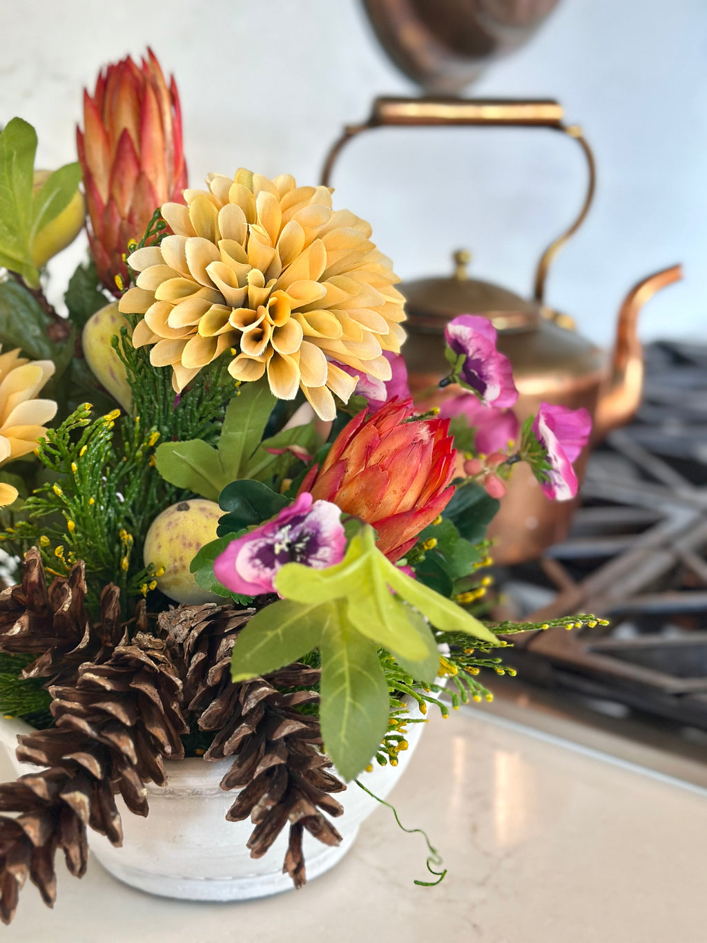 Dahlia, Repen, Pinecones, and Pear Arrangement