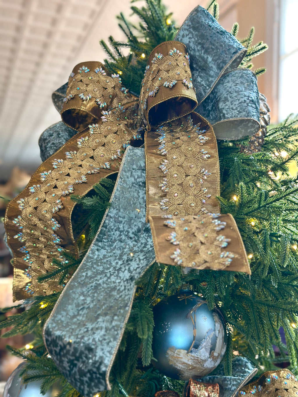 Gold Sequin & Celadon Blue Large Tree Bow