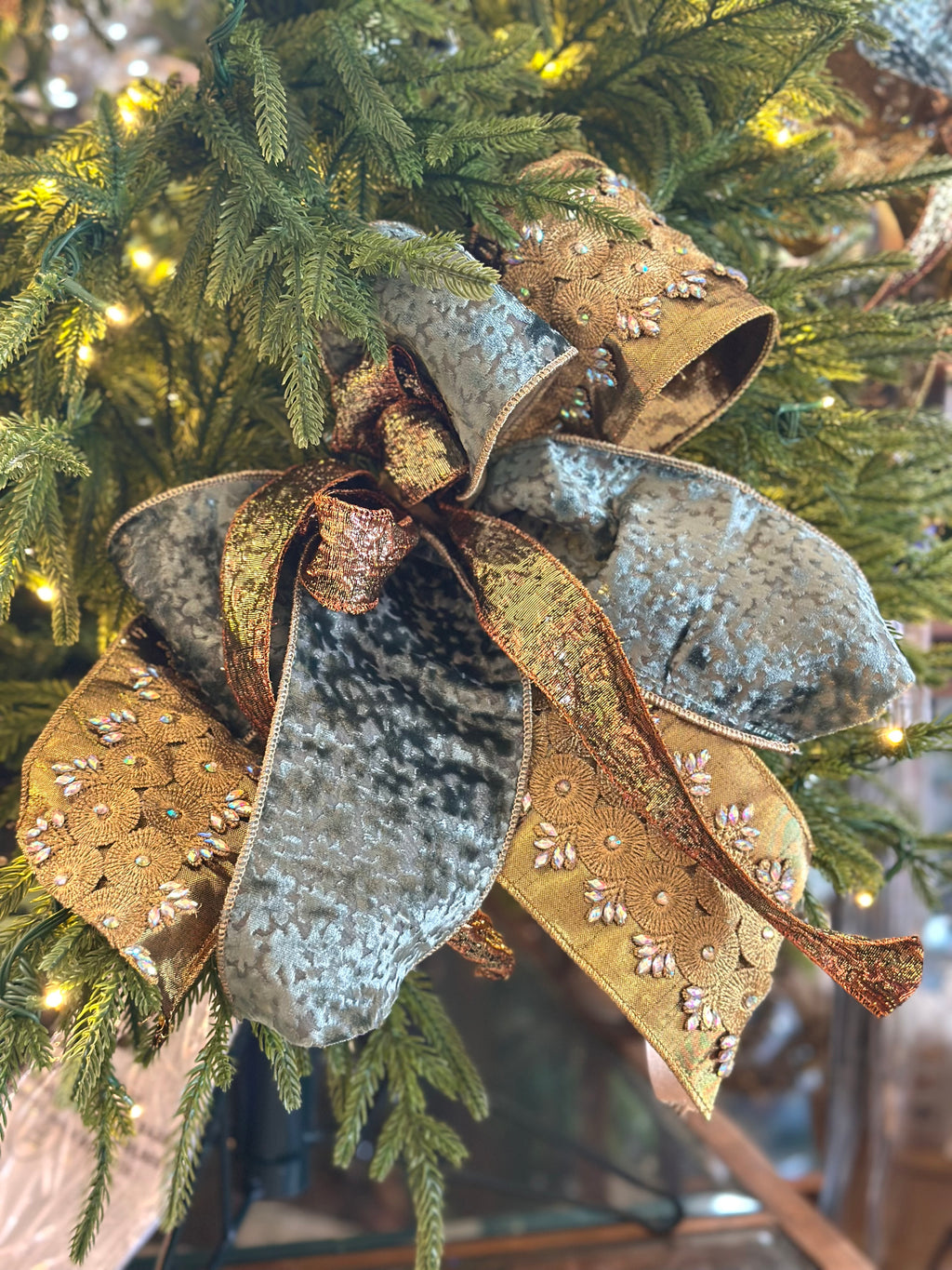 Gold Sequin & Celadon Blue Accent Tree Bow
