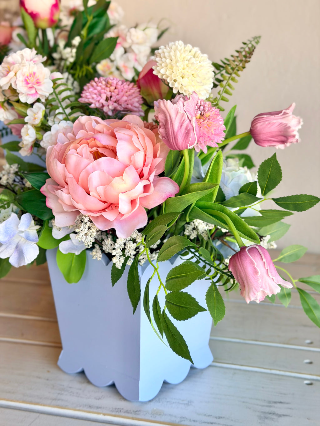 Blue Scalloped Mixed Blooms Arrangement- Medium