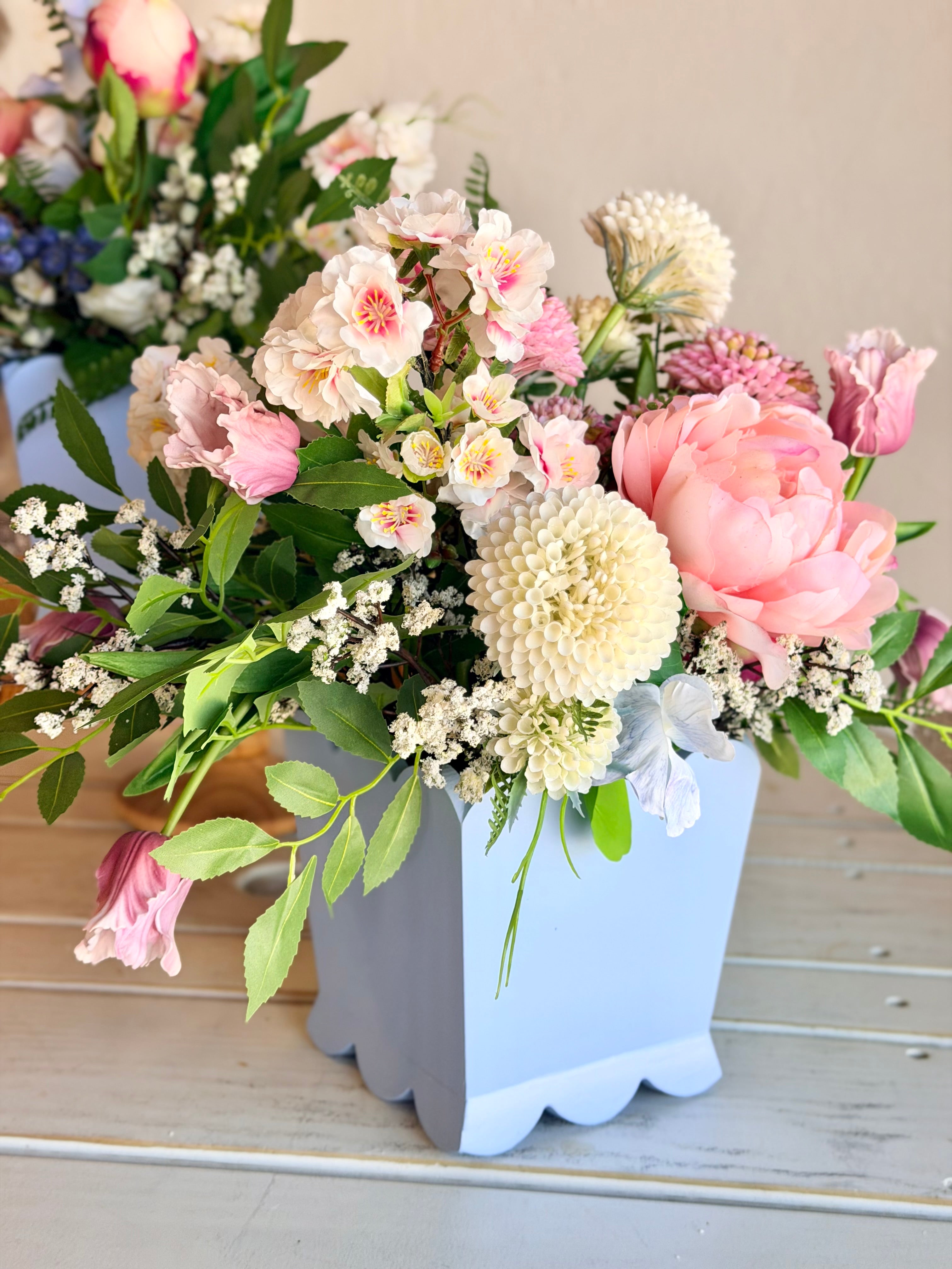 Blue Scalloped Mixed Blooms Arrangement- Medium