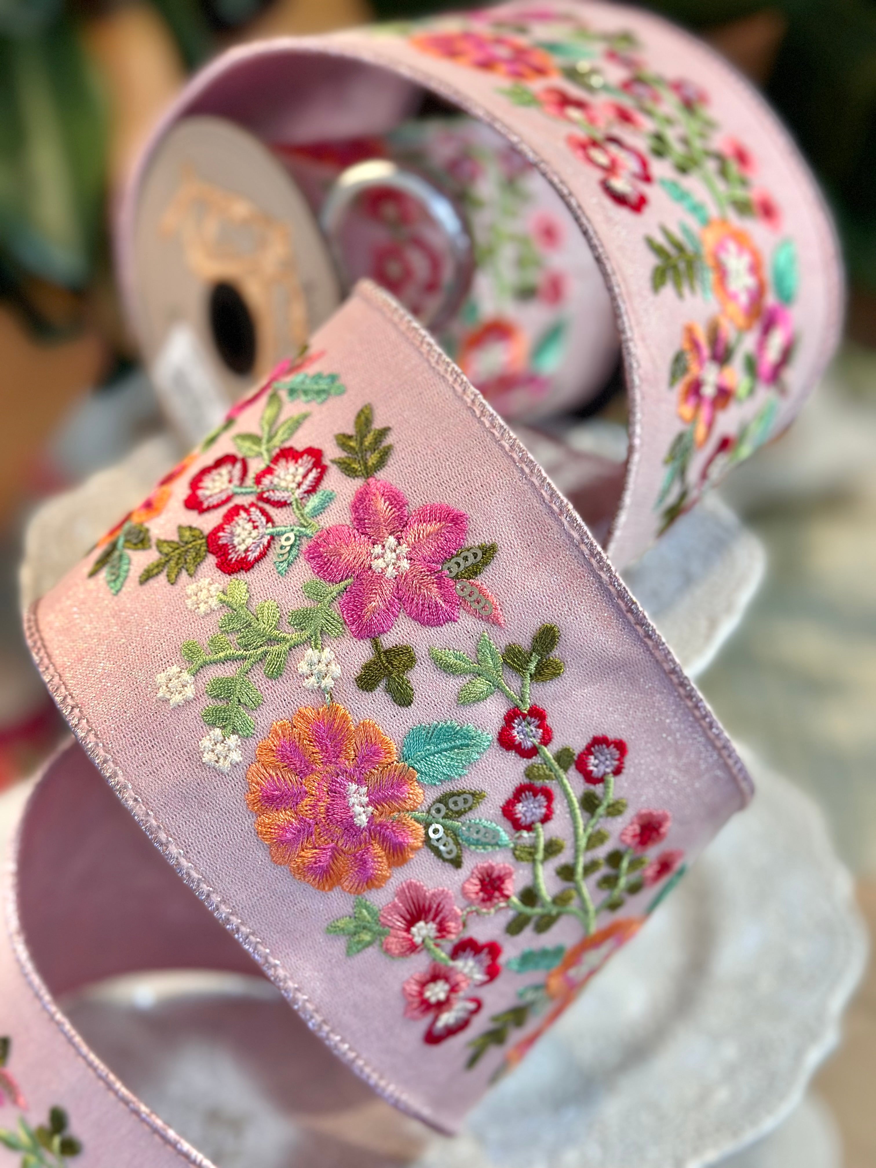 4" Wide, metallic dupion pink orange embroidery flowers, pink