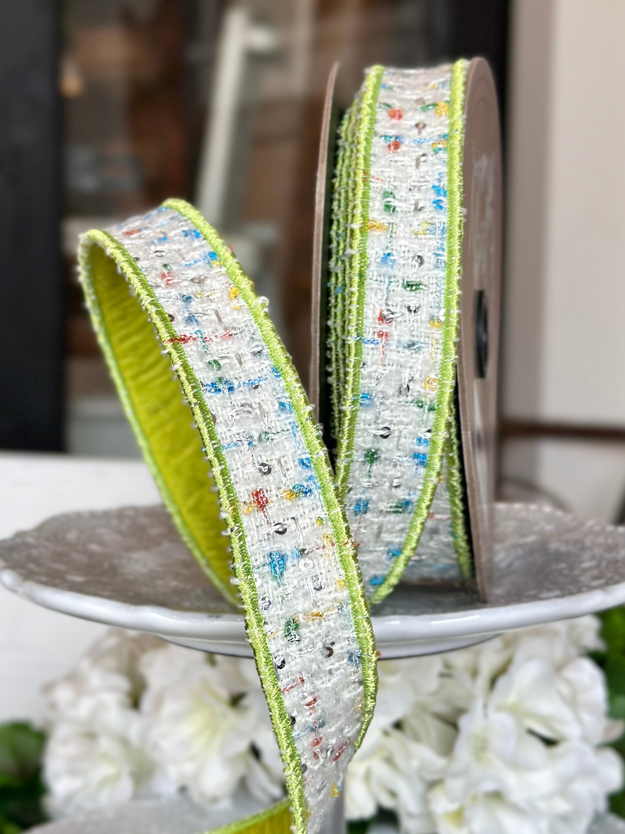 1" wide, boucle color splash lime back, red blue green yellow