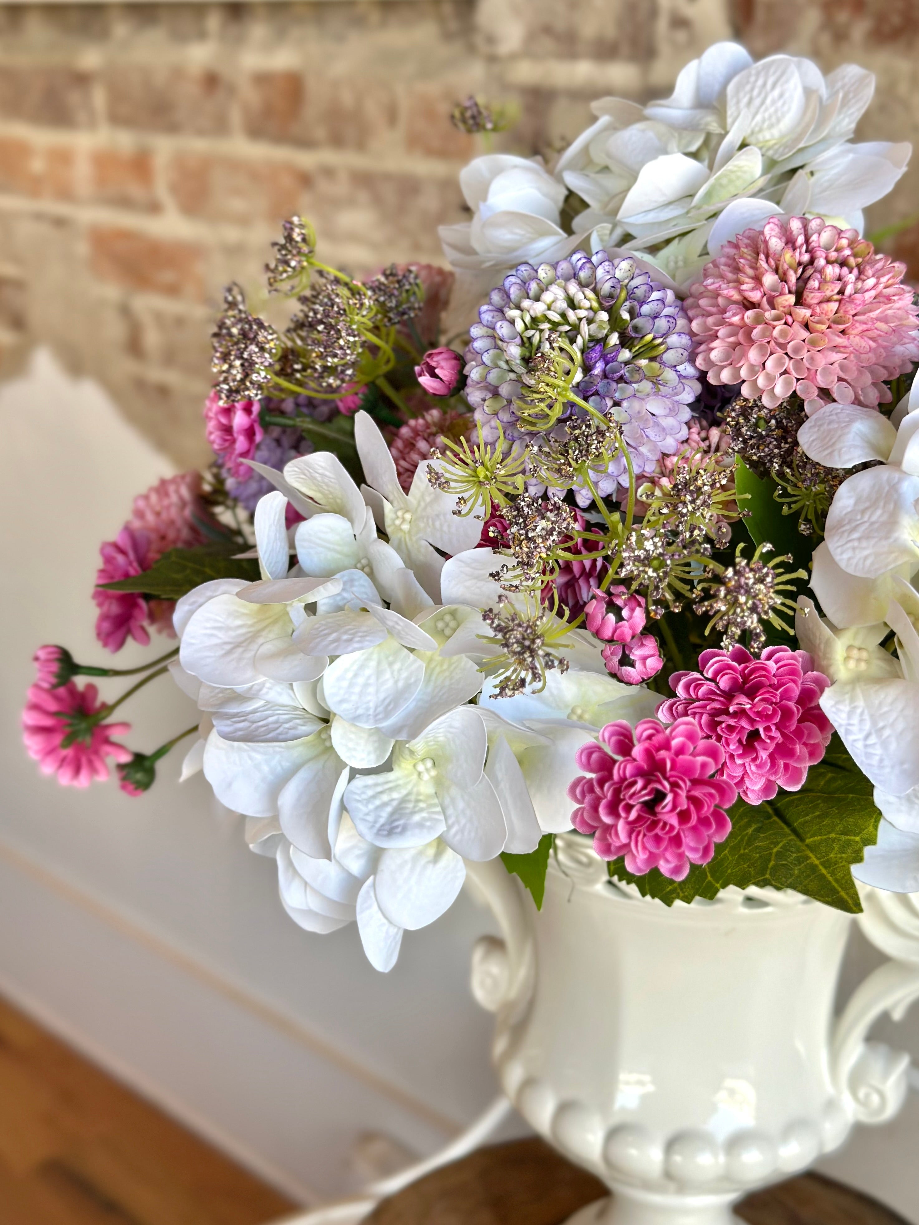 White Hydrangea & Pink/Purple Scabiosa in White Handle Vase