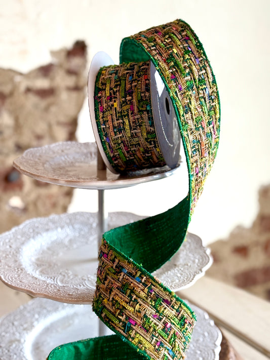 2.5" Emerald Jolly Tweed Ribbon - Sold by the yard