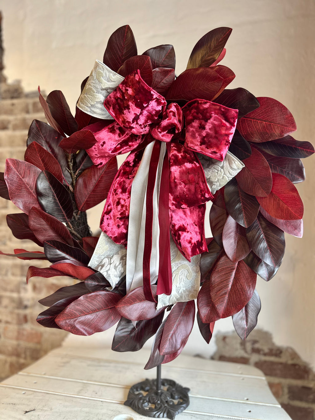 Cream Jacquard Acanthus Ribbon and Burgundy Magnolia Wreath
