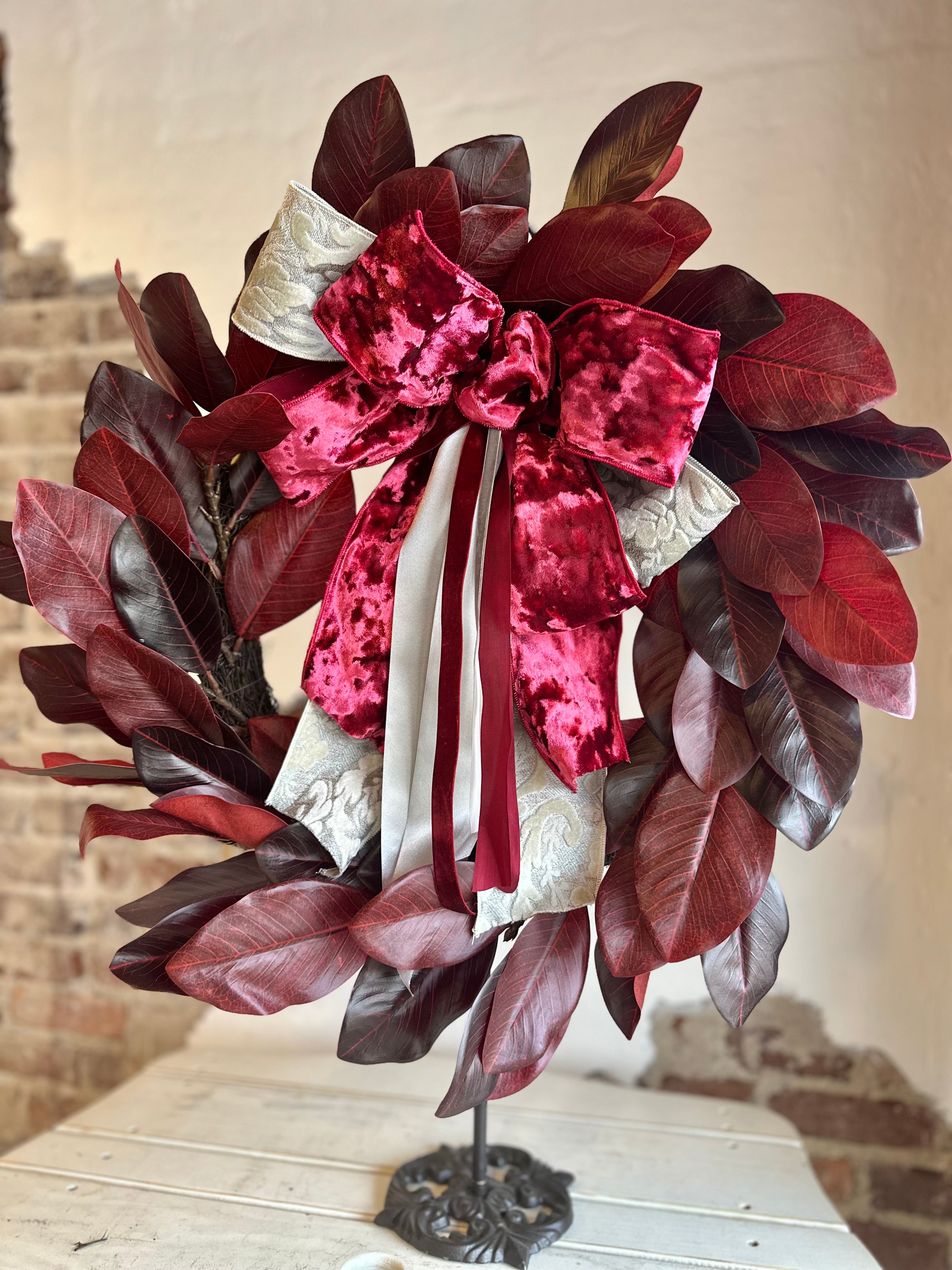 Cream Jacquard Acanthus Ribbon and Burgundy Magnolia Wreath