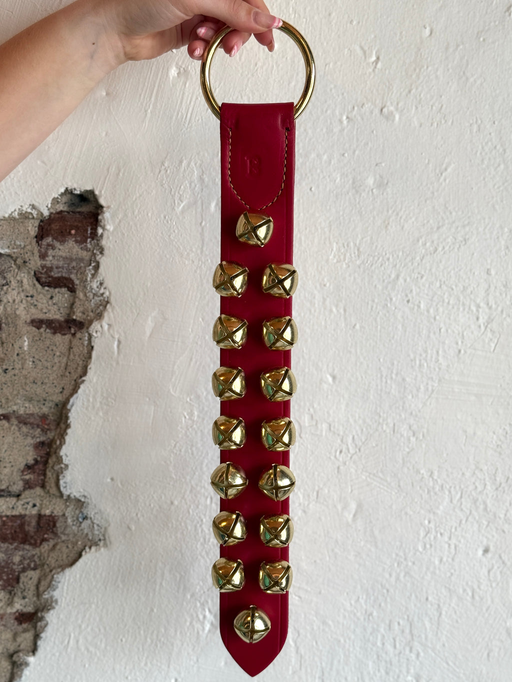 Belsnickel - 16” 2 Row Brass-Plated Bells, Red Leather with Ring