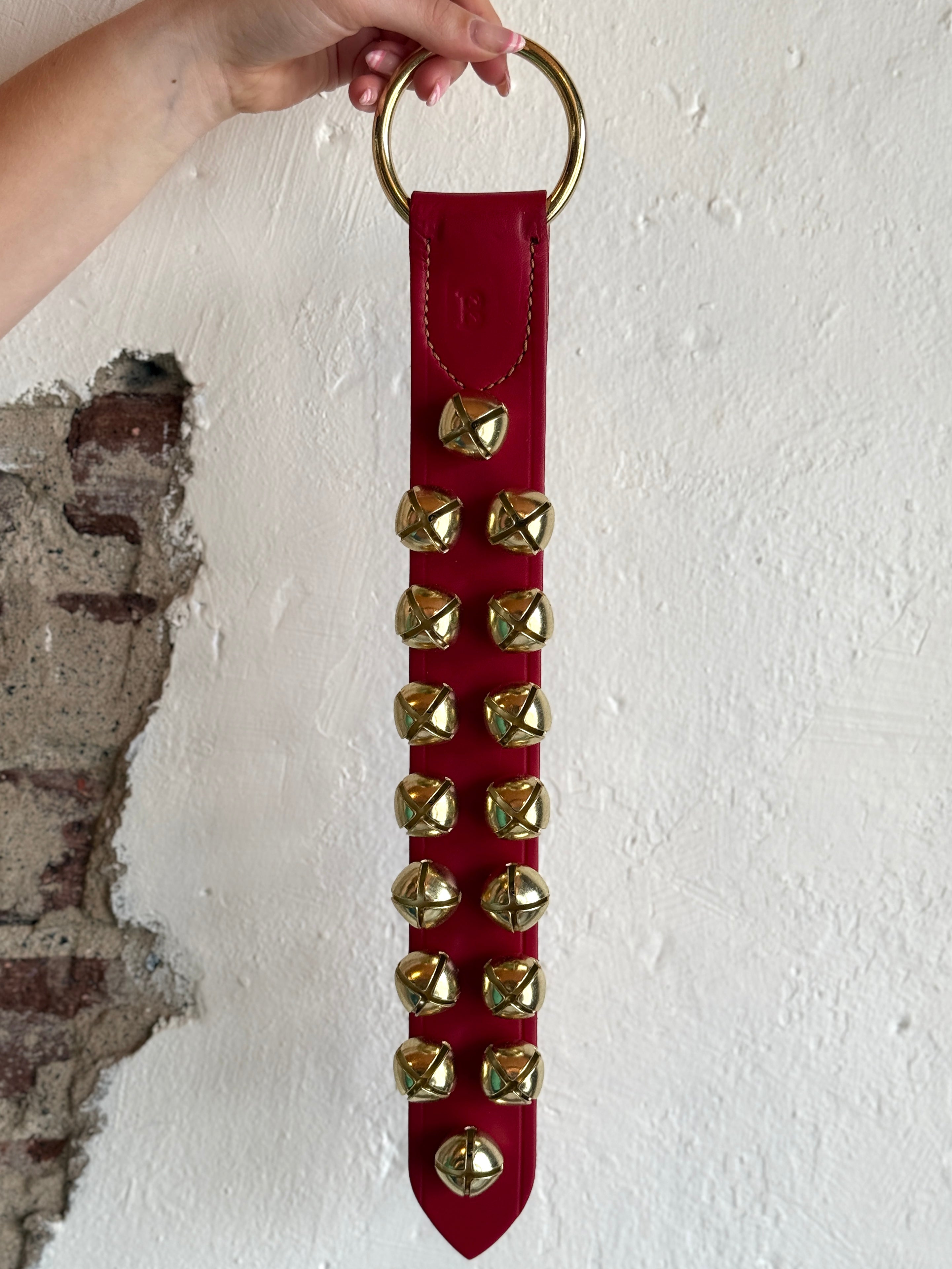 Belsnickel - 16” 2 Row Brass-Plated Bells, Red Leather with Ring
