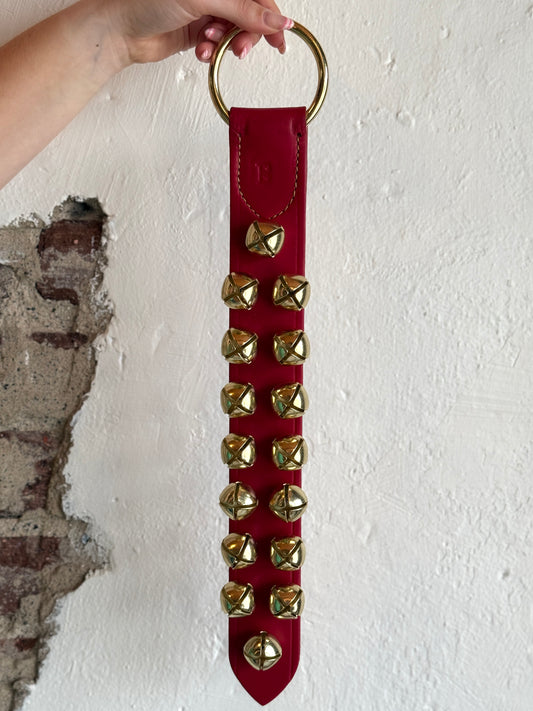 Belsnickel - 16” 2 Row Brass-Plated Bells, Red Leather with Ring