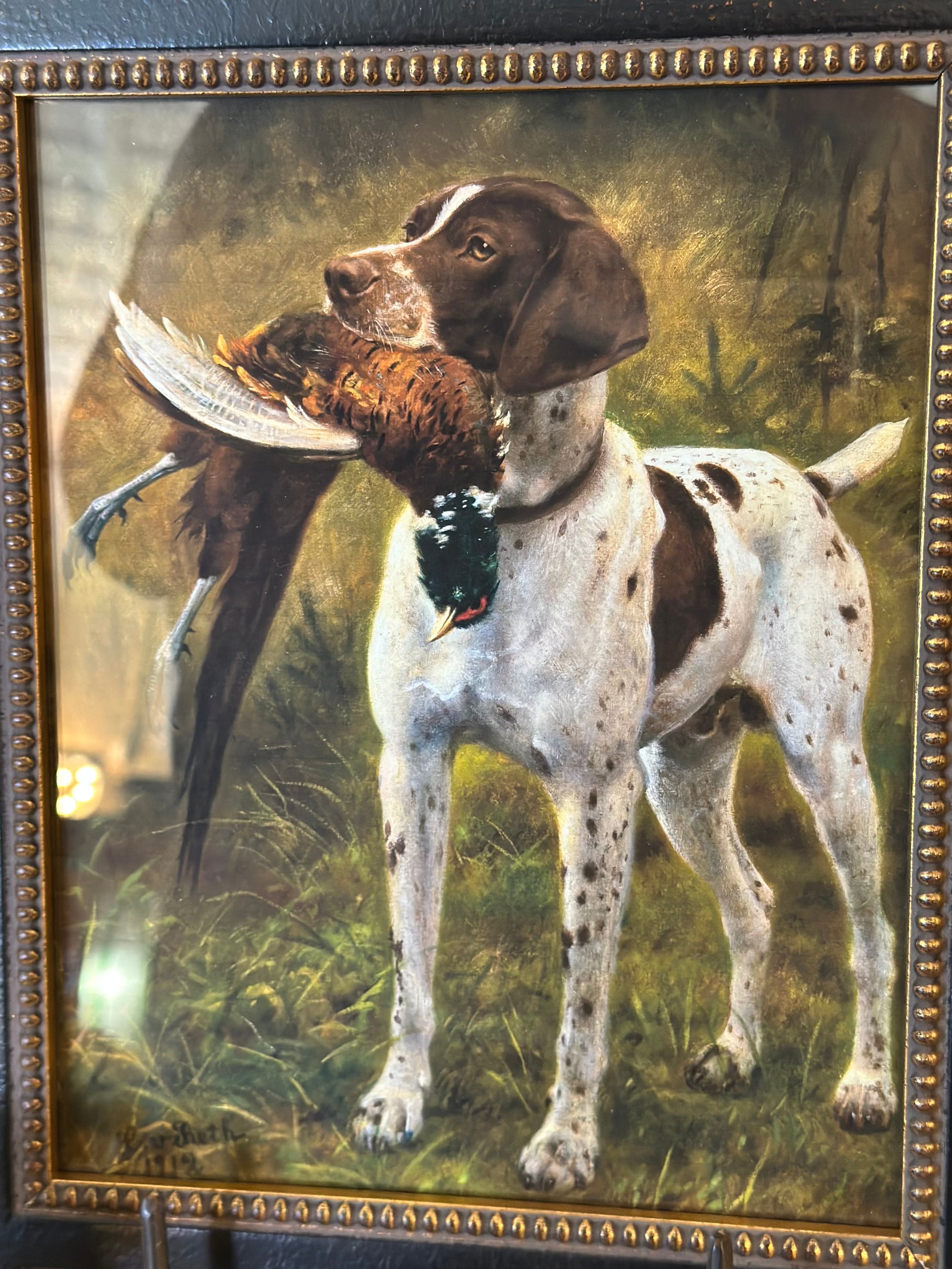 Framed Vintage Dog with Pheasant Oil Painting Reproduction