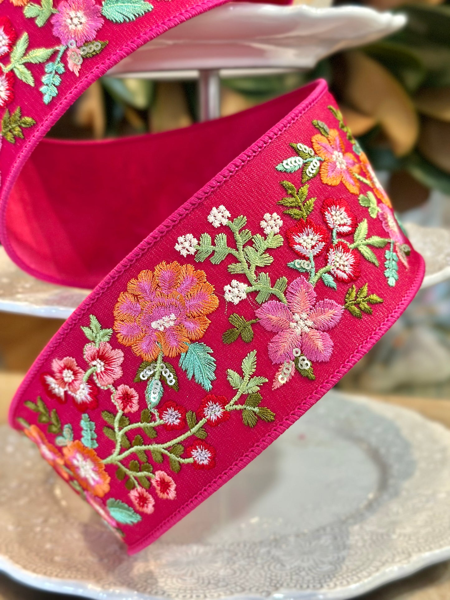 3" Wide, Sheer Embroidery Colorful Floral- Hot Pink Green Orange
