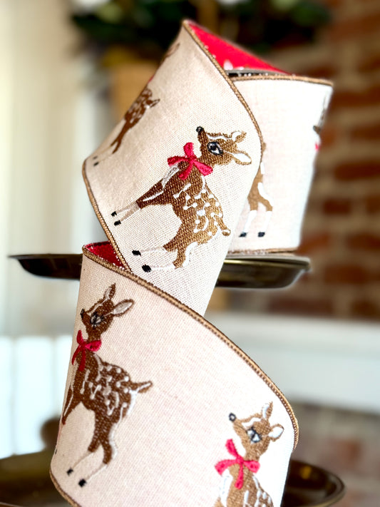 4” Canvas Baby Reindeer Embroidery, Natural, SOLD BY THE YARD