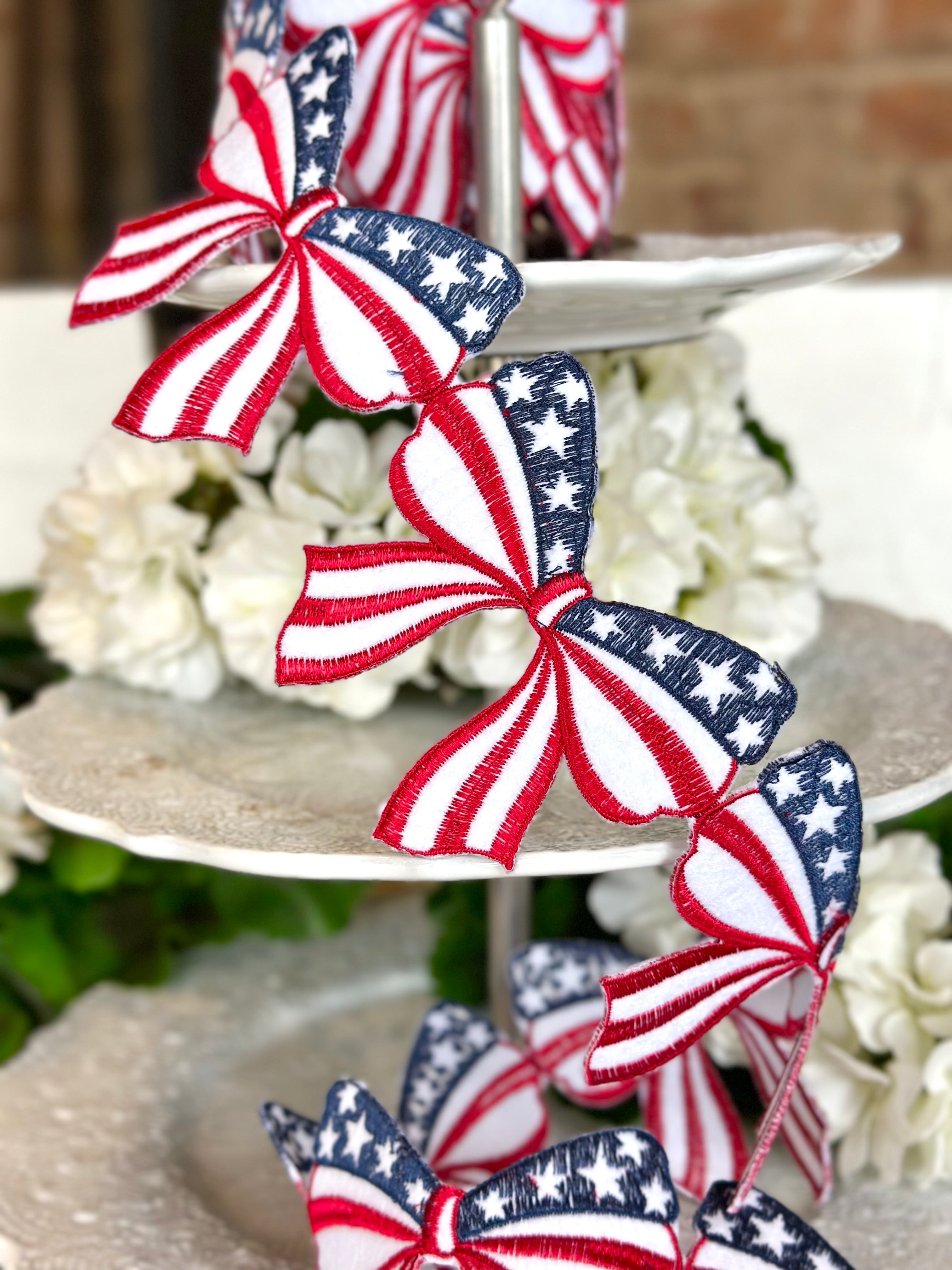 3.5" wide, felt embroidery americana bow garland, red white blue