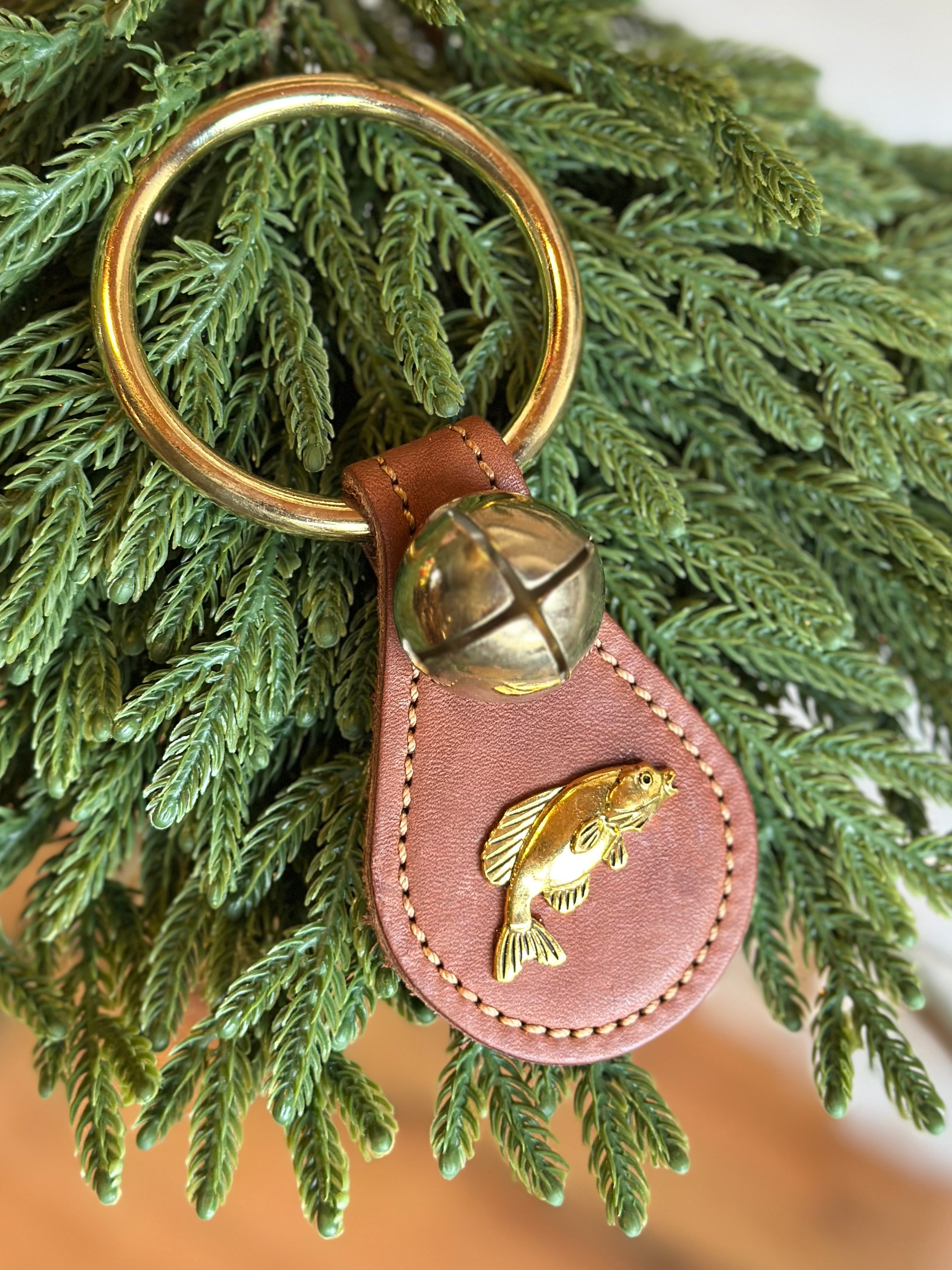 Bass Fish with Single Brass Bell on Ring- Brown Leather