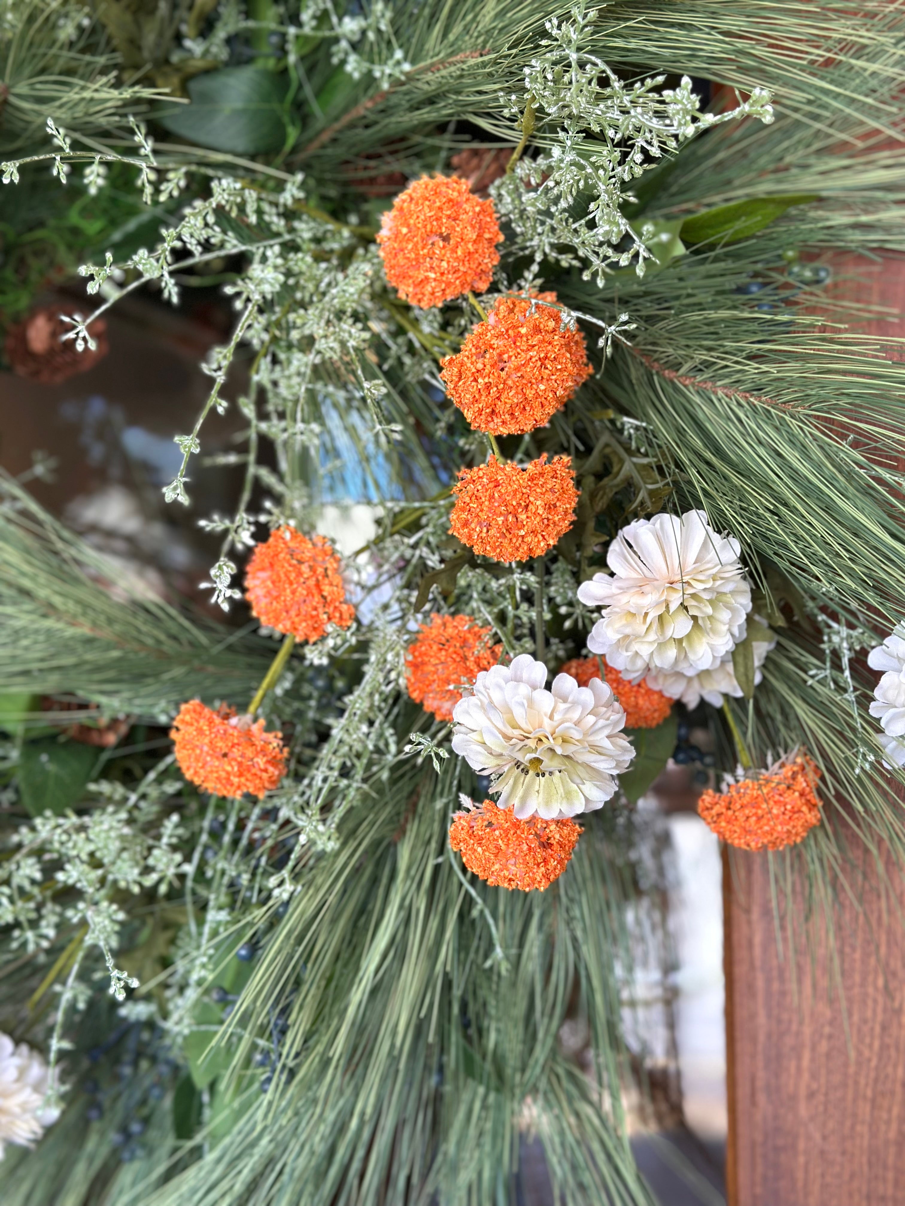 Zinnias and Orange Puffs Wreath