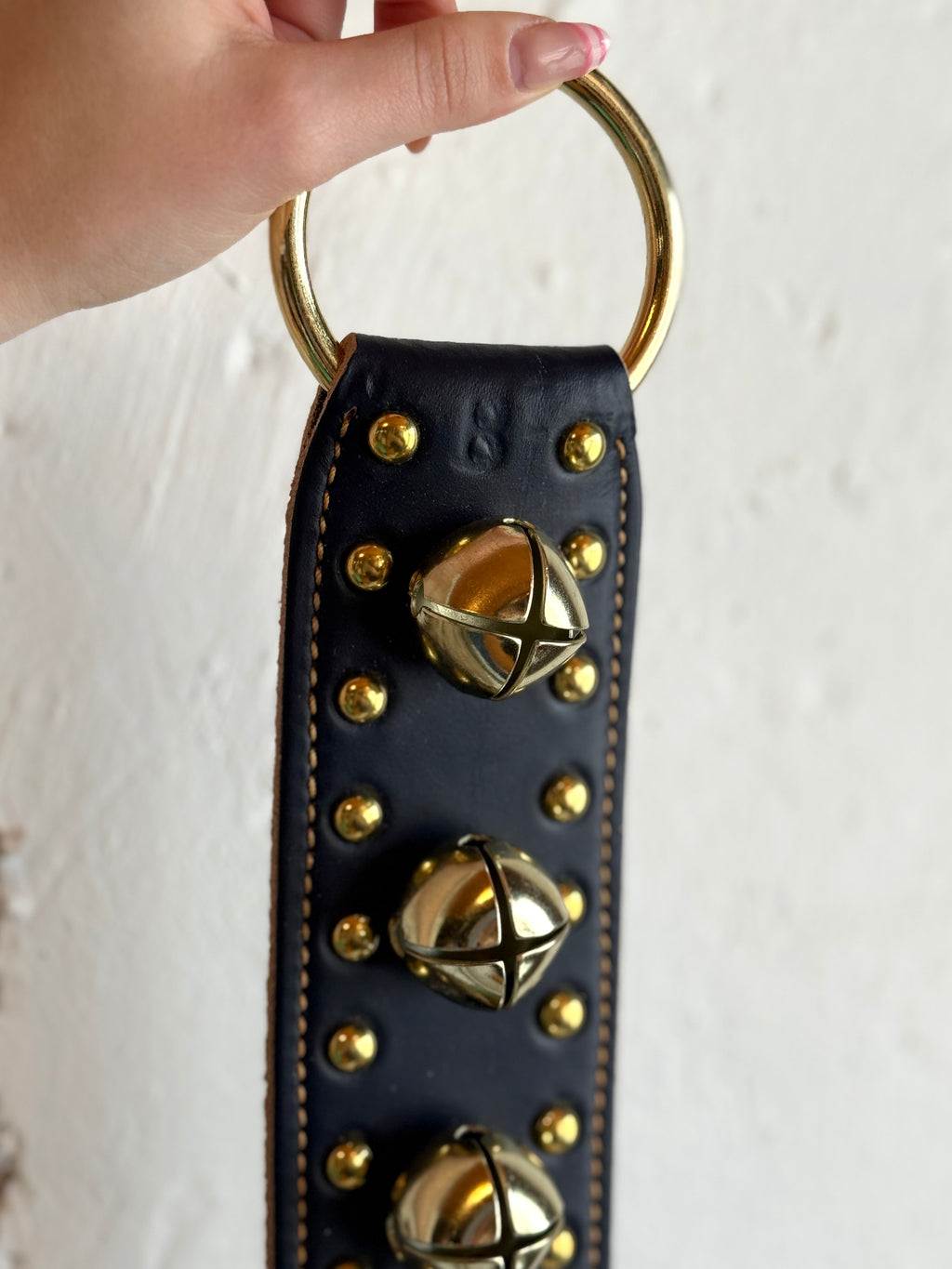 Belsnickel - 12” Studded Doorchime w/ Brass-Plated Bells, Navy Leather