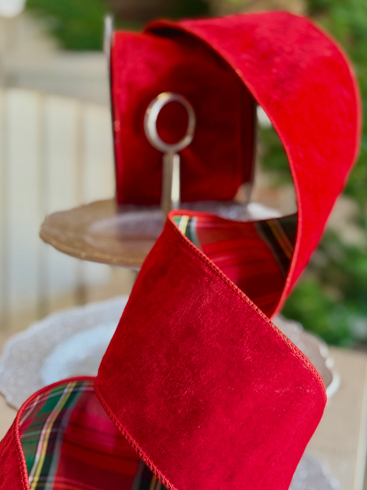4” VELVET W/PLAID BACKING RIBBON -SOLD BY THE YARD