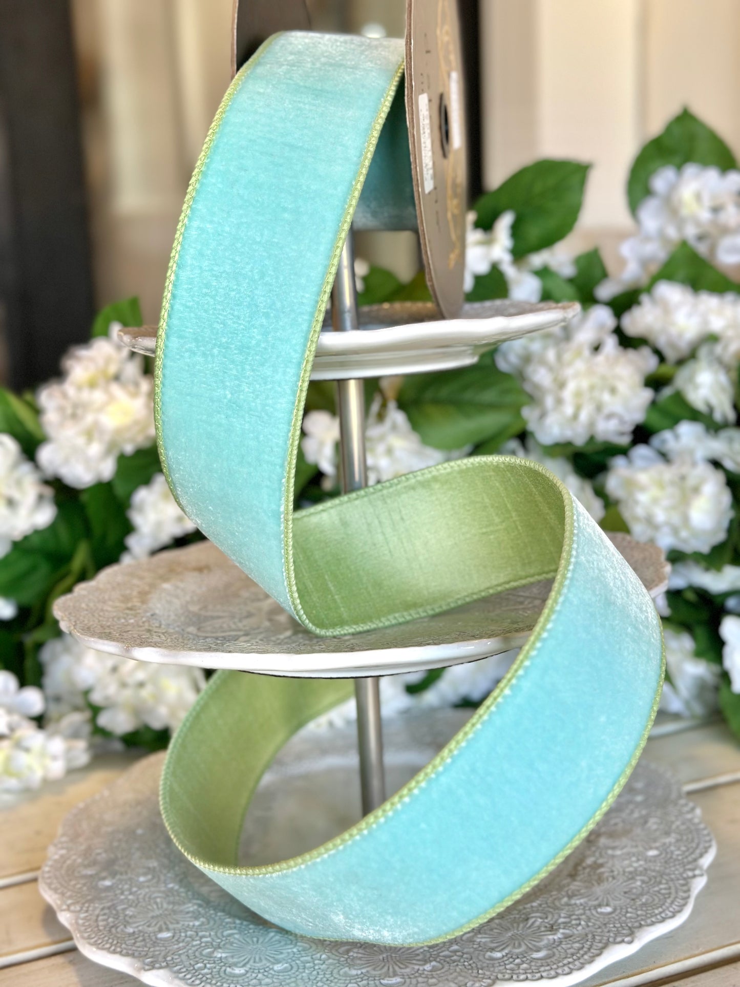 2.5" velvet mint dupion backing, ocean blue