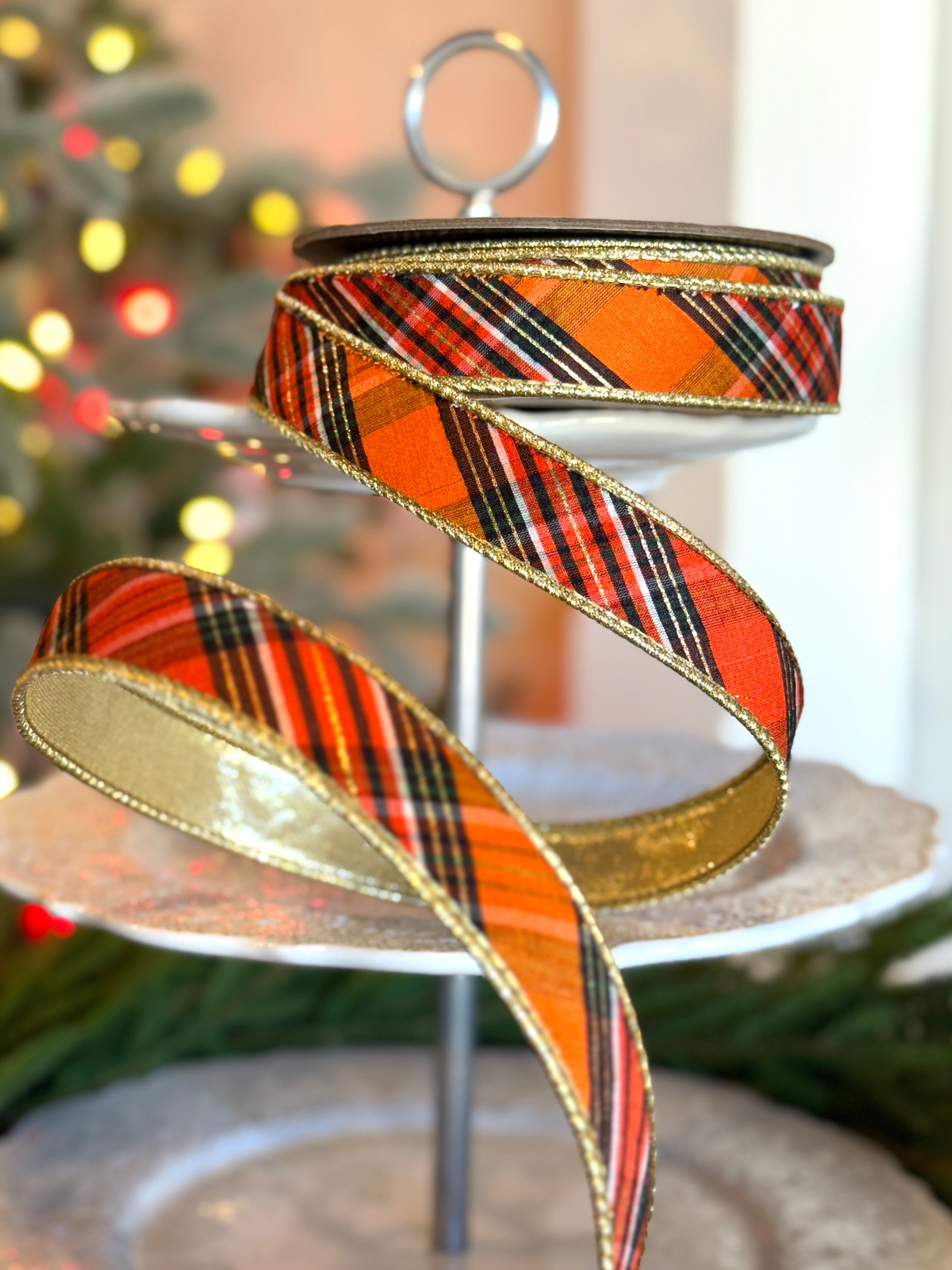 1" Dupion Salem Plaid Bias Cut, White Orange Black