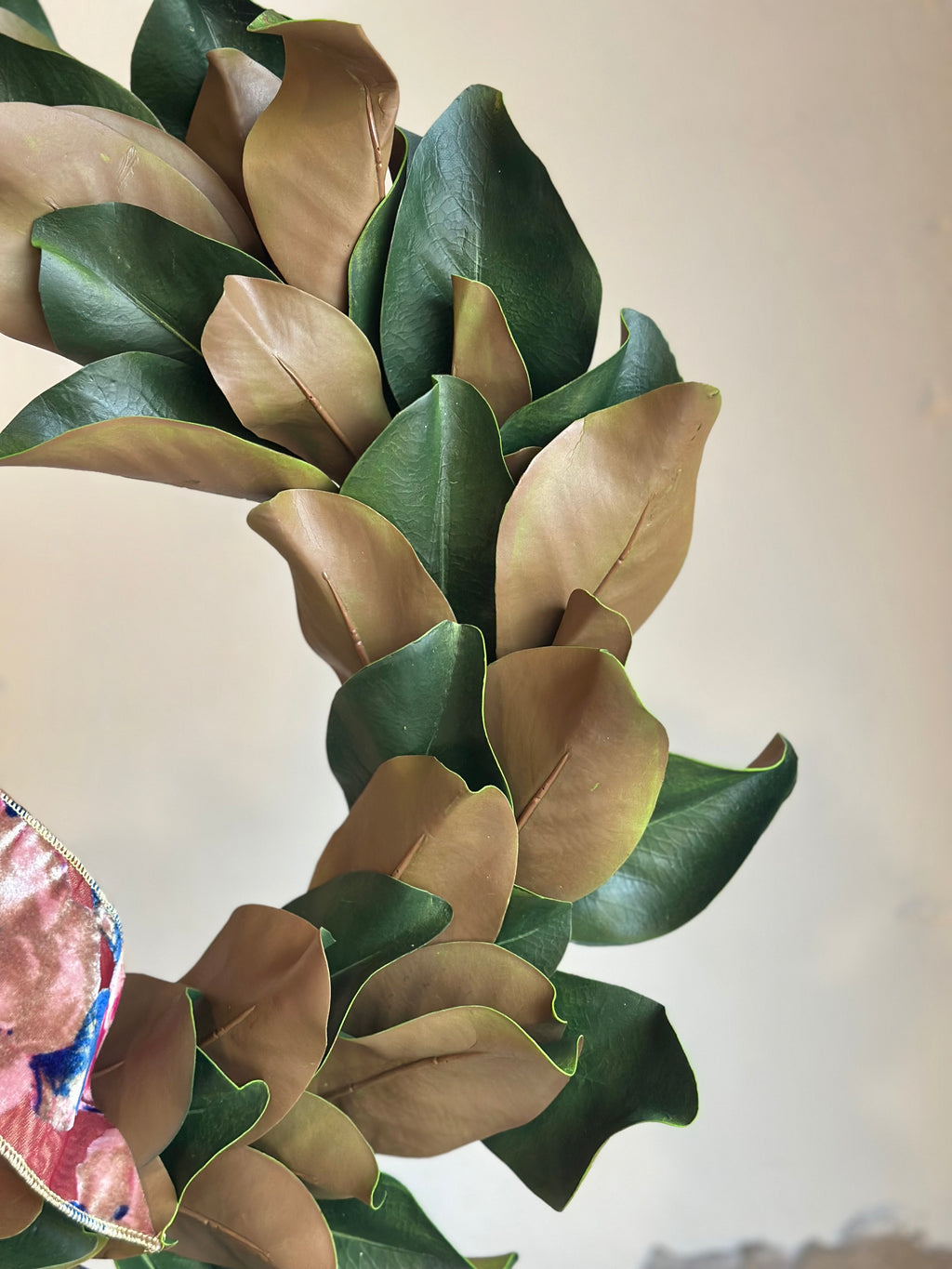 Dark Pink with a touch of Blue Velvet Floral Ribbon and Magnolia Wreath