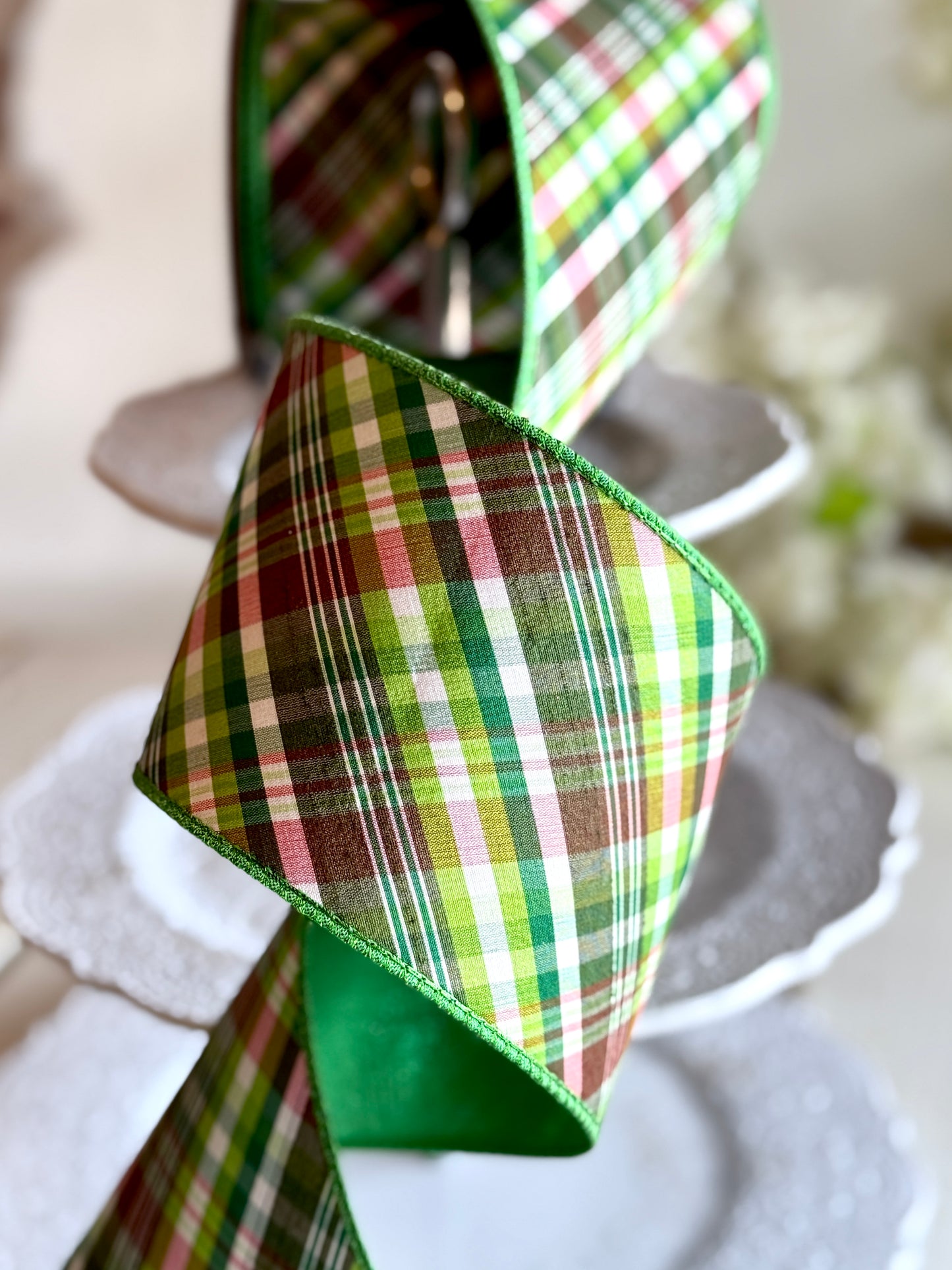 4" Dupion Bias Cut Plaid, Shades of Green. 10 yard roll