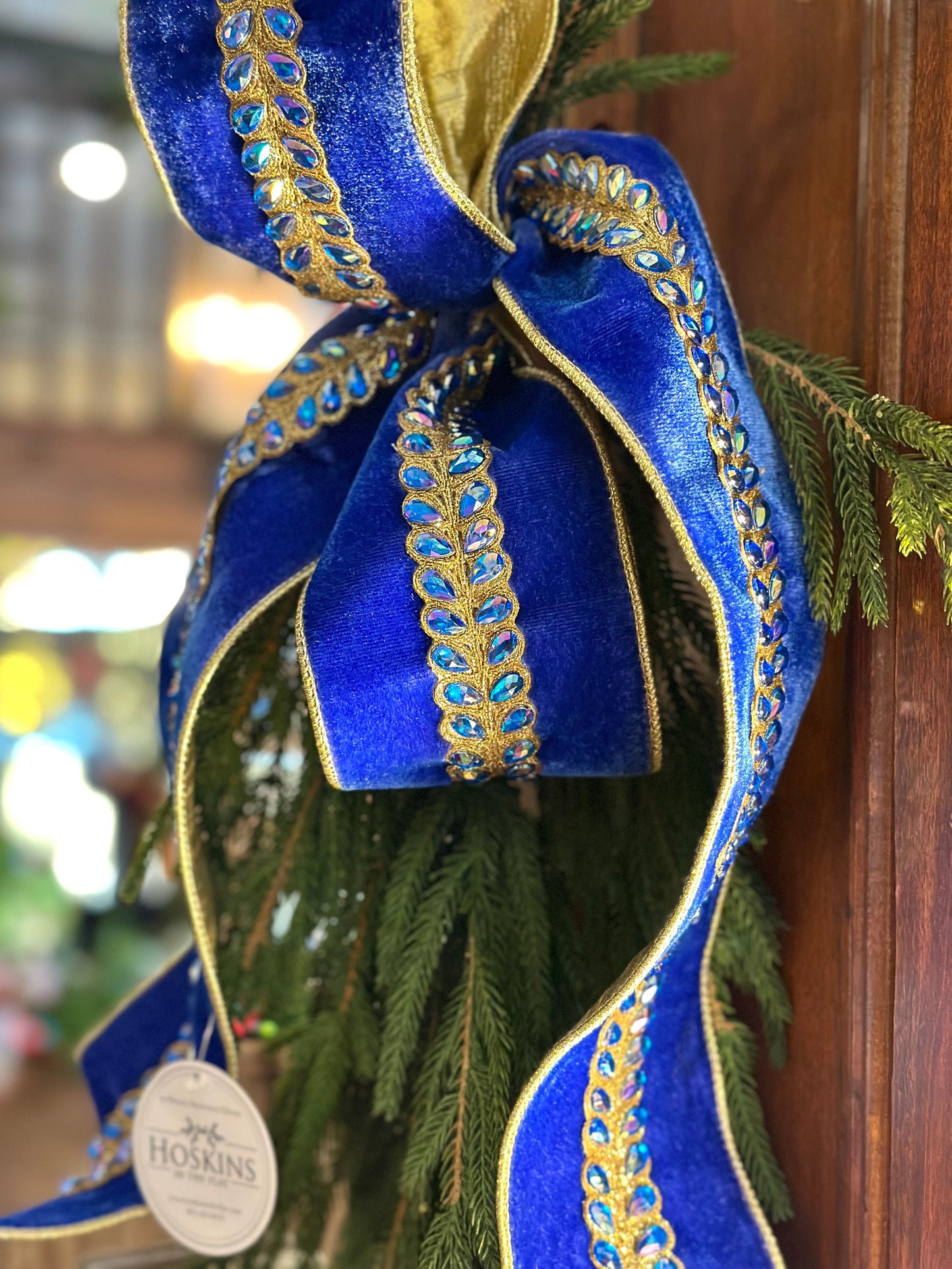 4” Velvet Ribbon - Jewel Aurora Borealis Honey Locust Leaves, Royal Blue