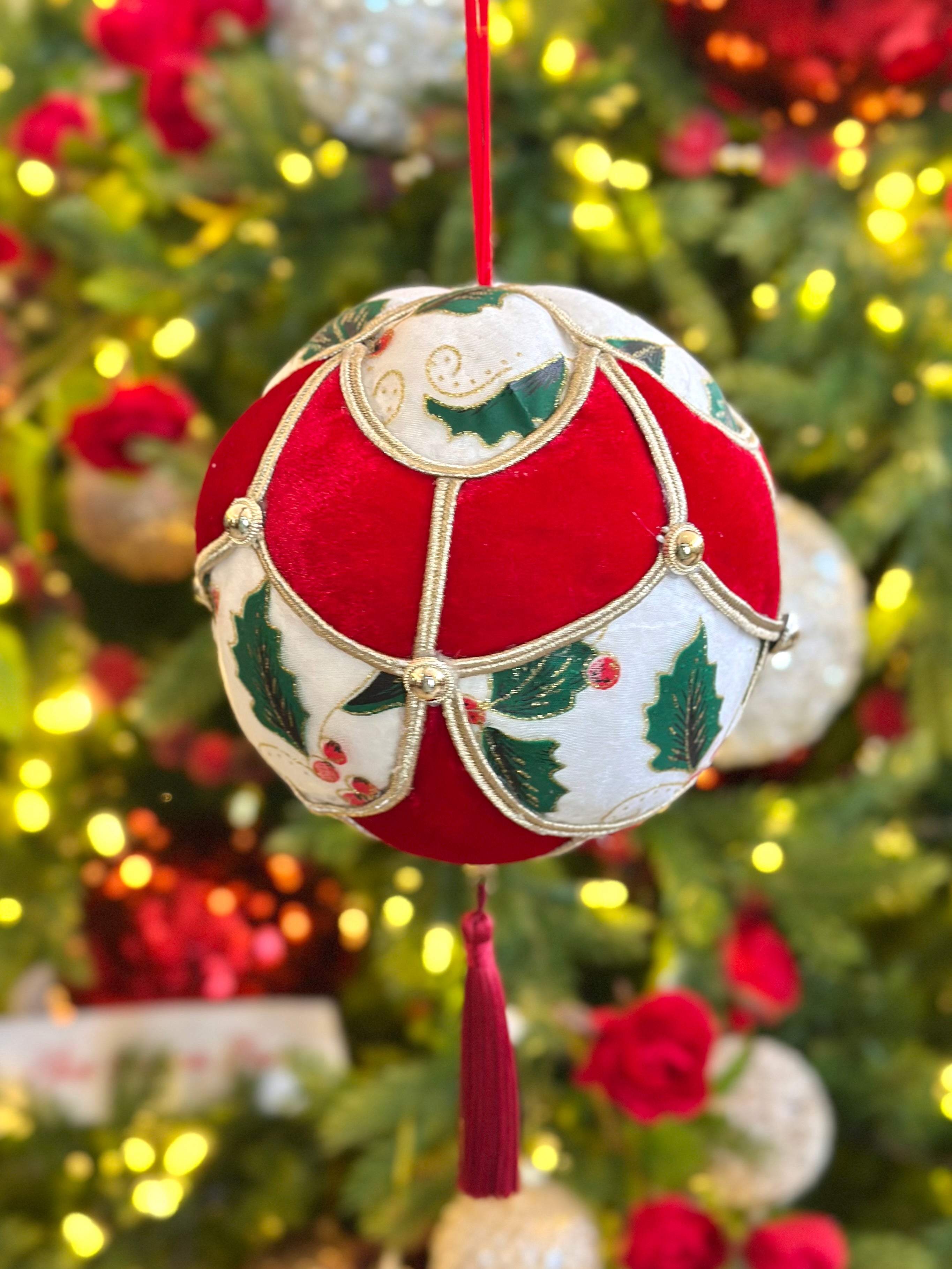 Vintage Red Holly Velour Ornament