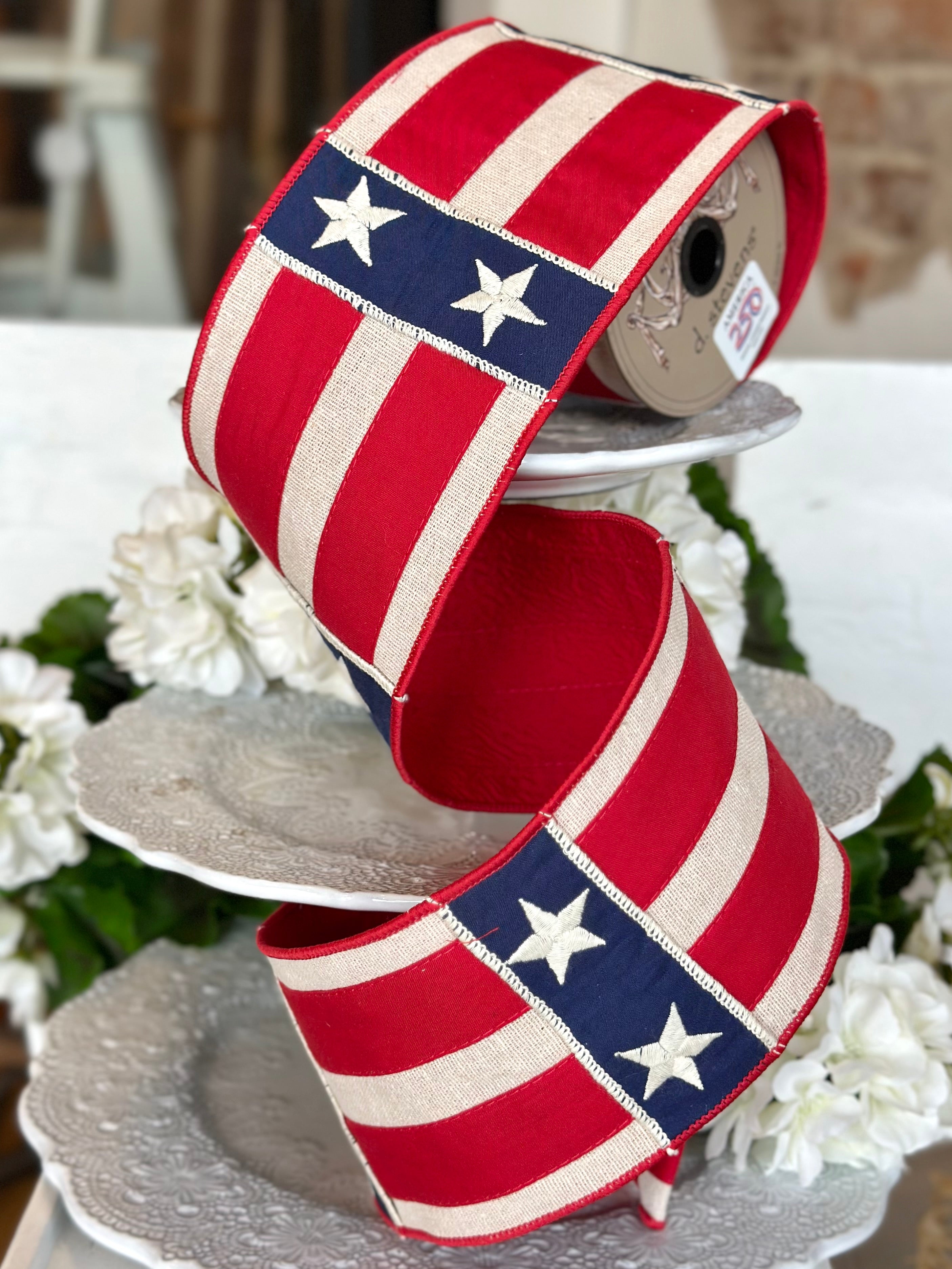 4” wide, Canvas Embroidery Patchwork Stars Red Natural Stripe, Red Navy Blue