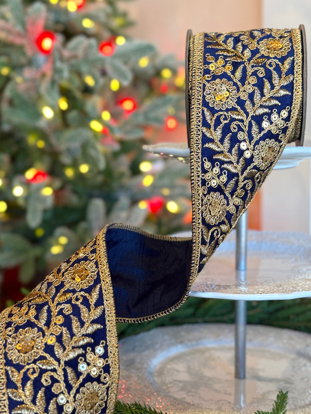 3" Dupion Floral Garden Trim, Navy