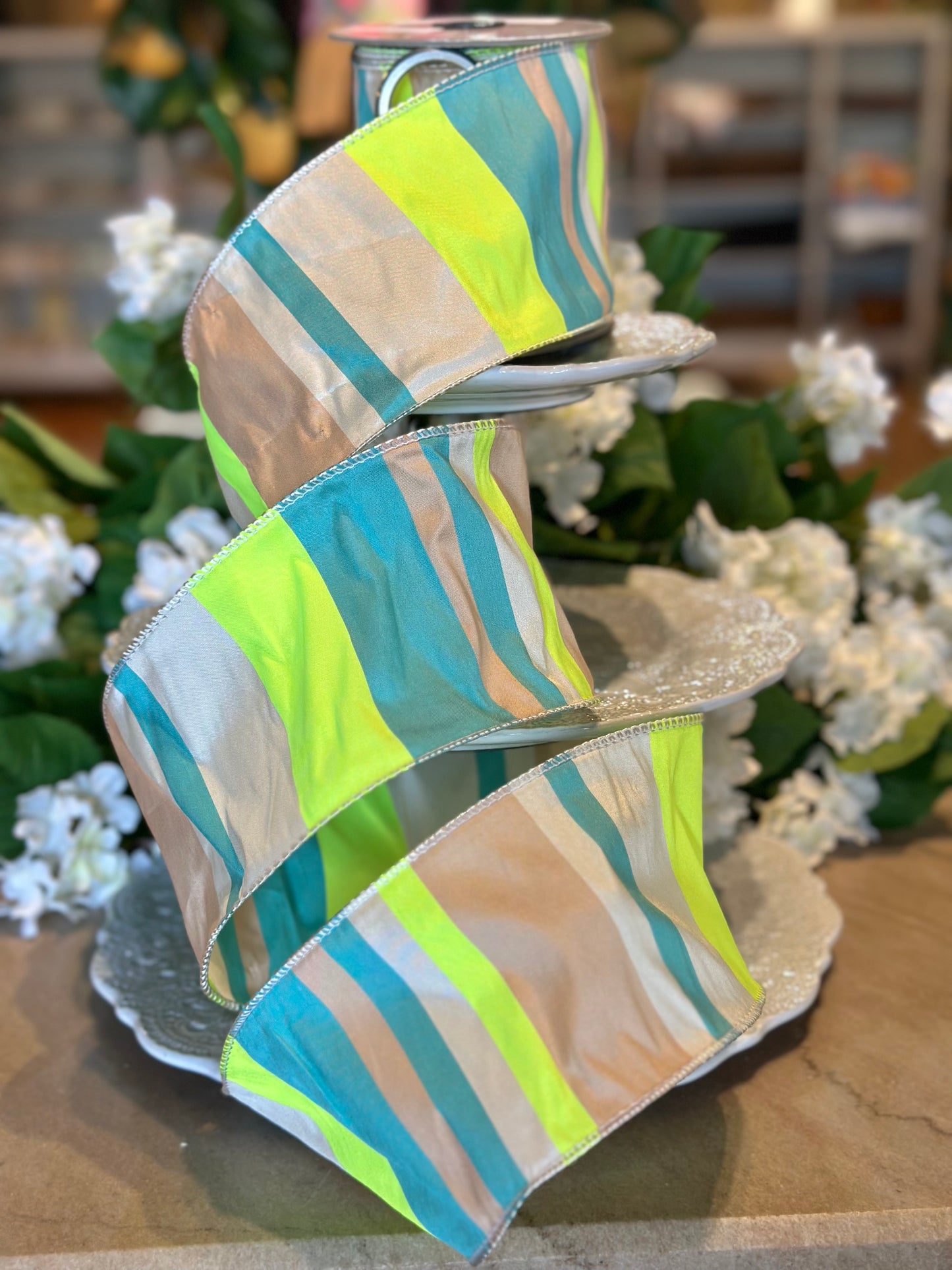 4" taffeta neon cabana stripe, green-teal-beige