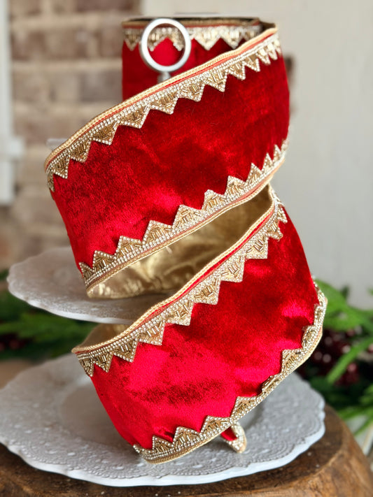 4" BEADED JEWEL TRIM ROYAL VELVET, Red - SOLD BY THE YARD