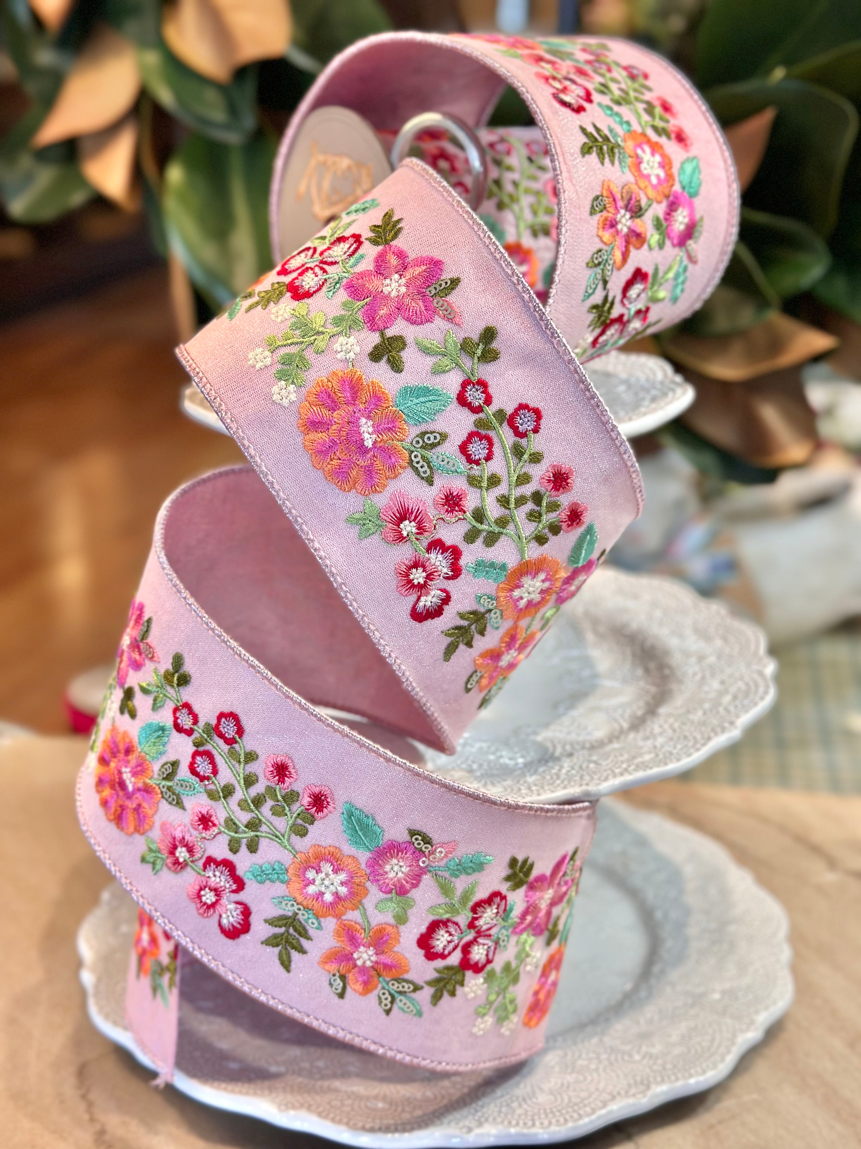 4" Wide, metallic dupion pink orange embroidery flowers, pink