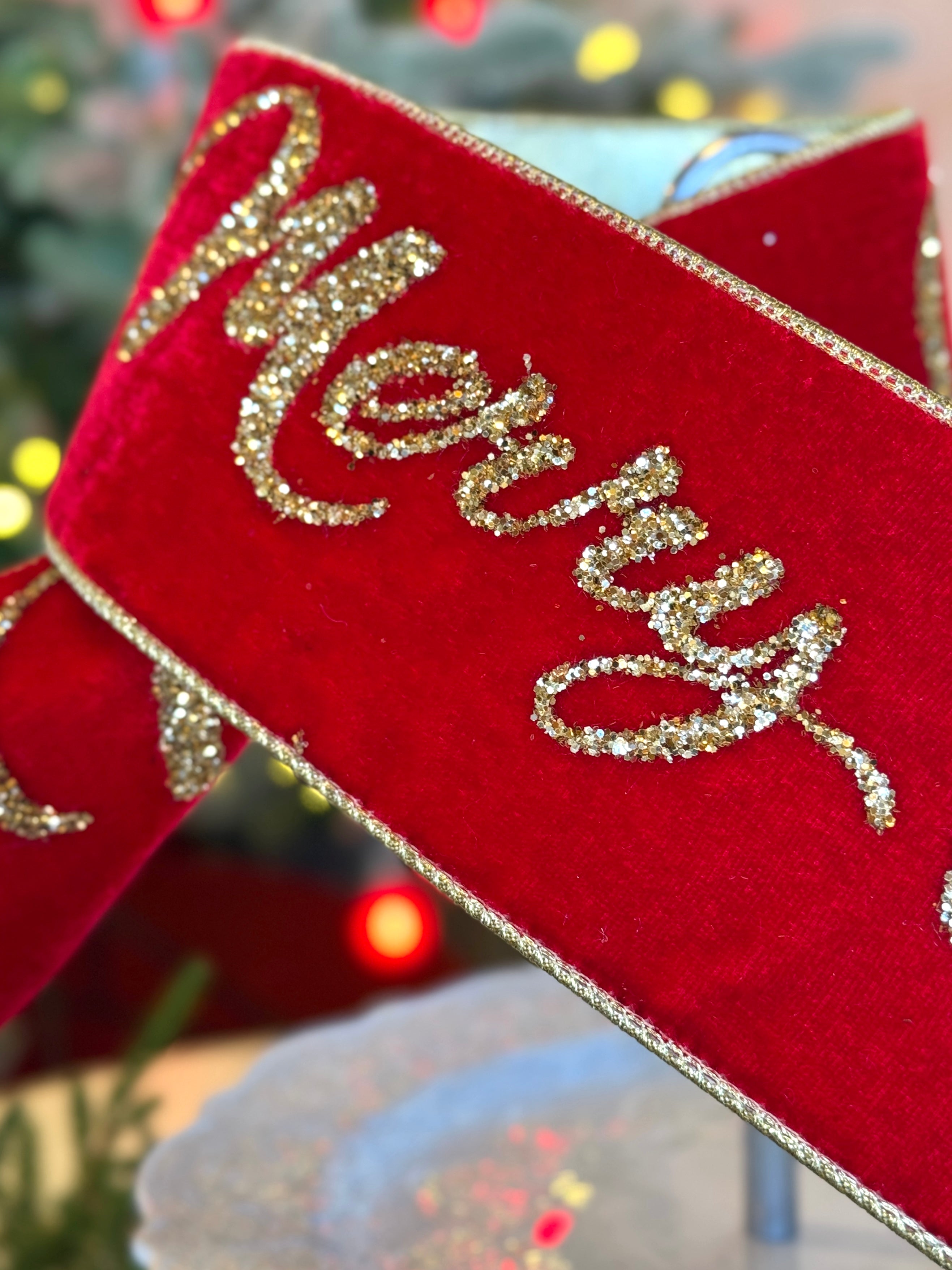 4" Velvet Gold Glitter Merry Christmas, Red