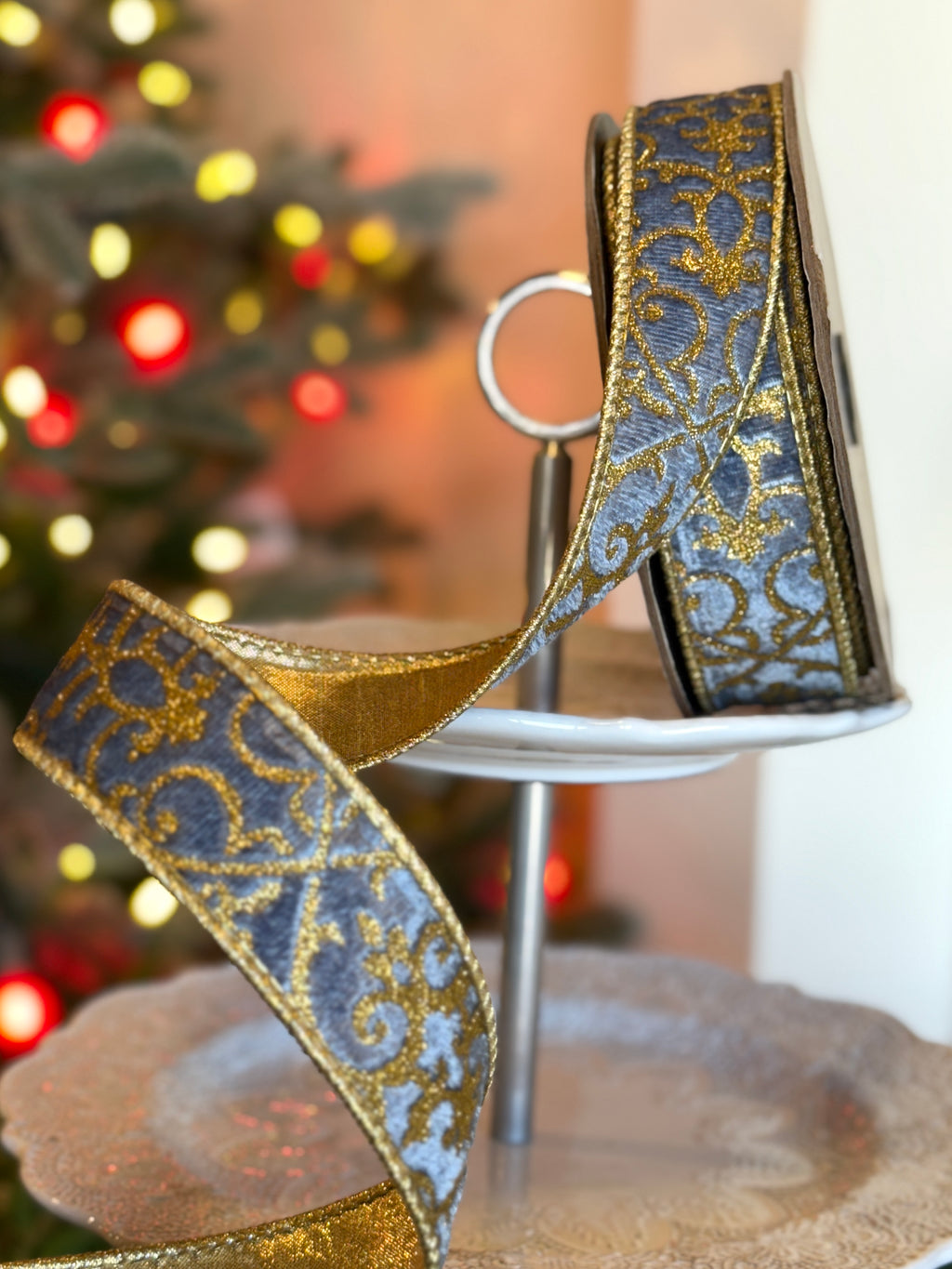 1.5" Velvet Glitter Treillage, Dusty Blue