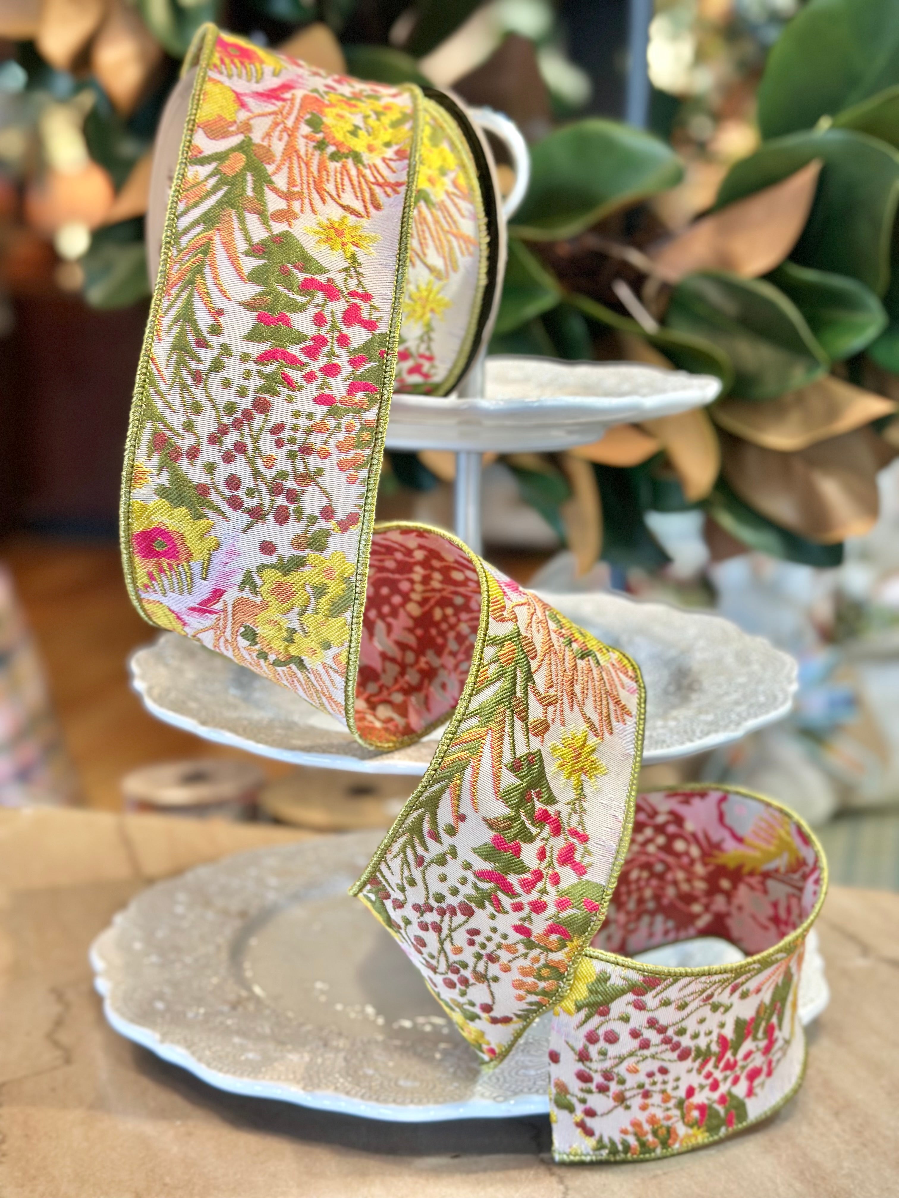 3" Wide, jacquard mix floral, green yellow pink