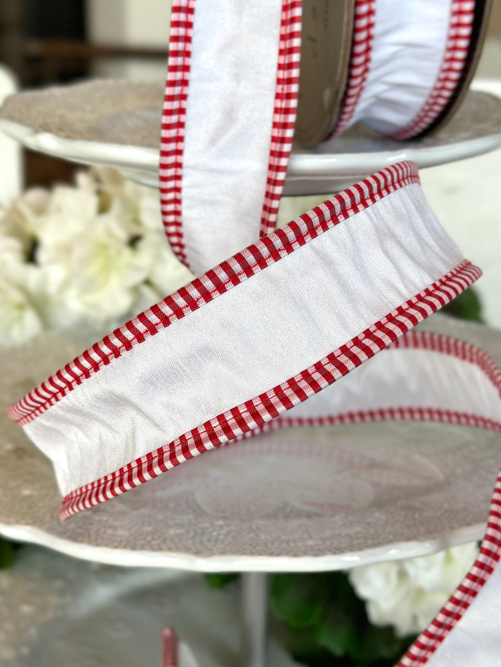1.5" wide, faux dupion red-white check edge, pearl white