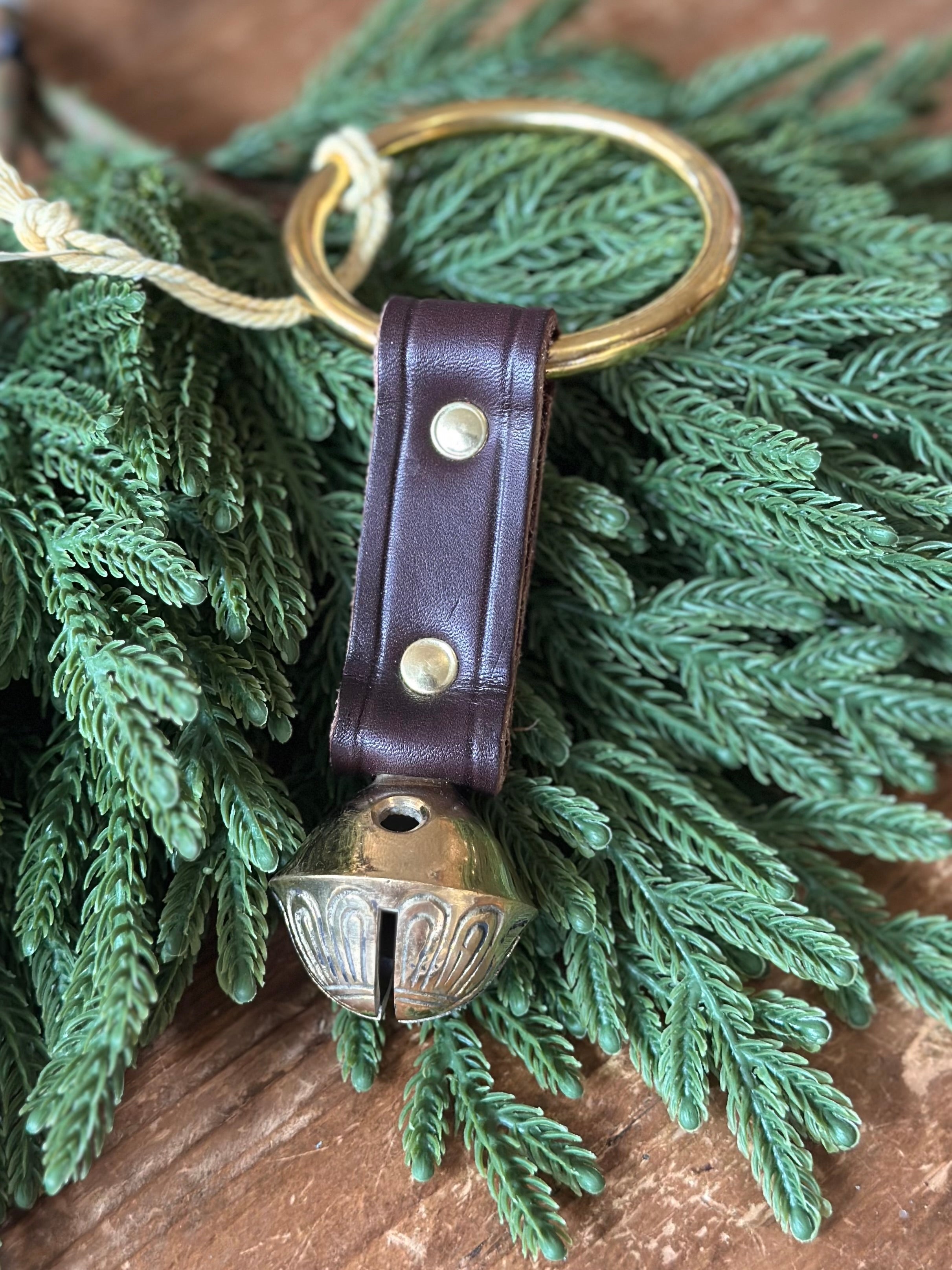 Brass Bell on Leather Strap with Ring- Dark Brown Leather