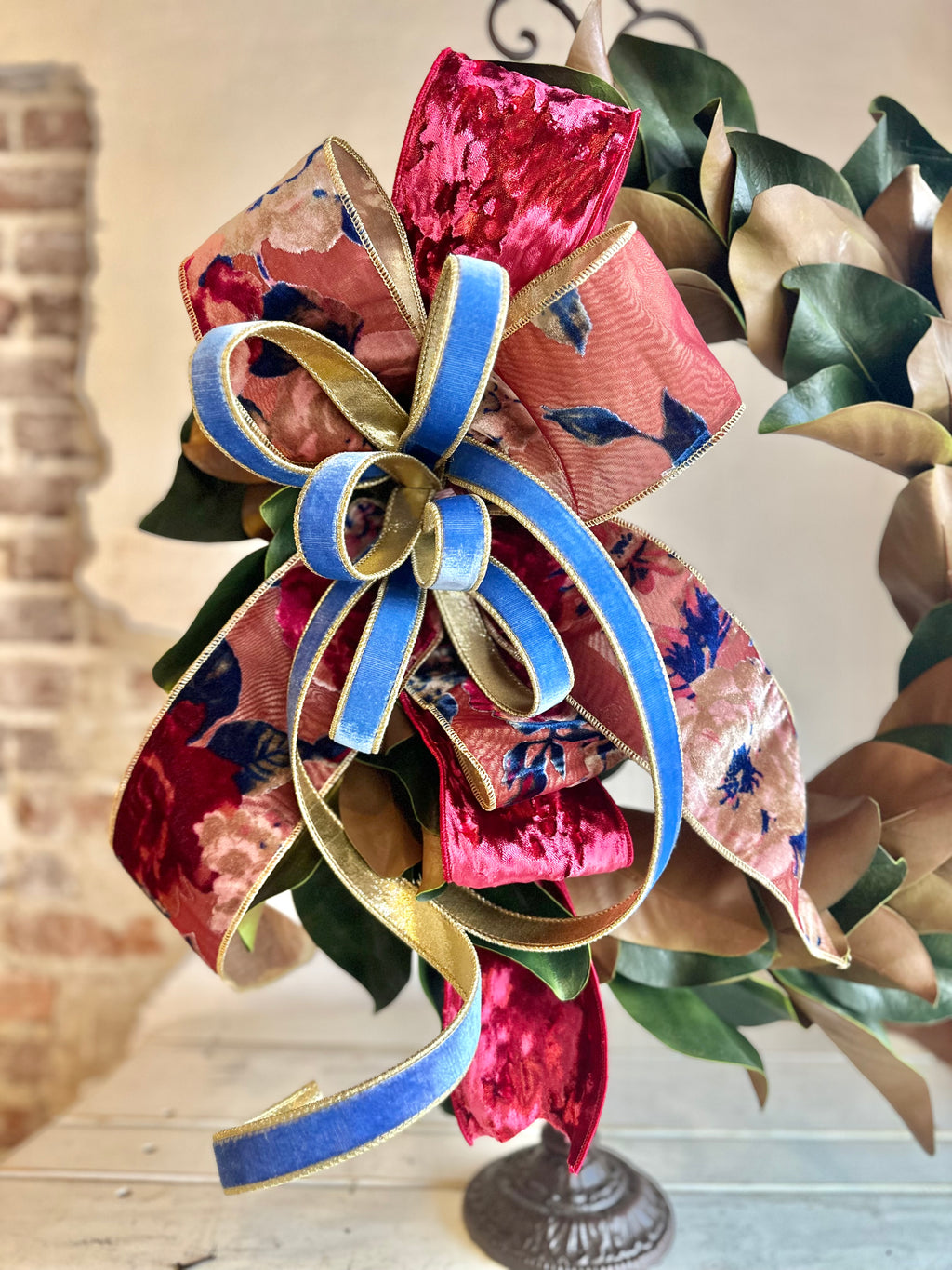 Dark Pink with a touch of Blue Velvet Floral Ribbon and Magnolia Wreath