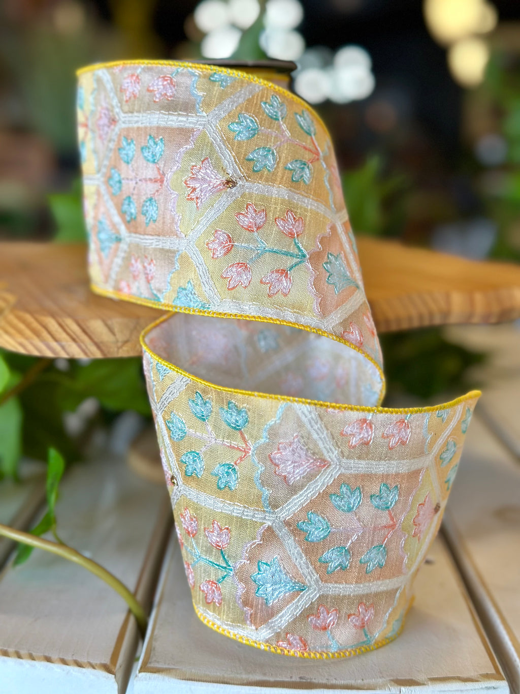 4" dupion boho botanical, yellow teal orange