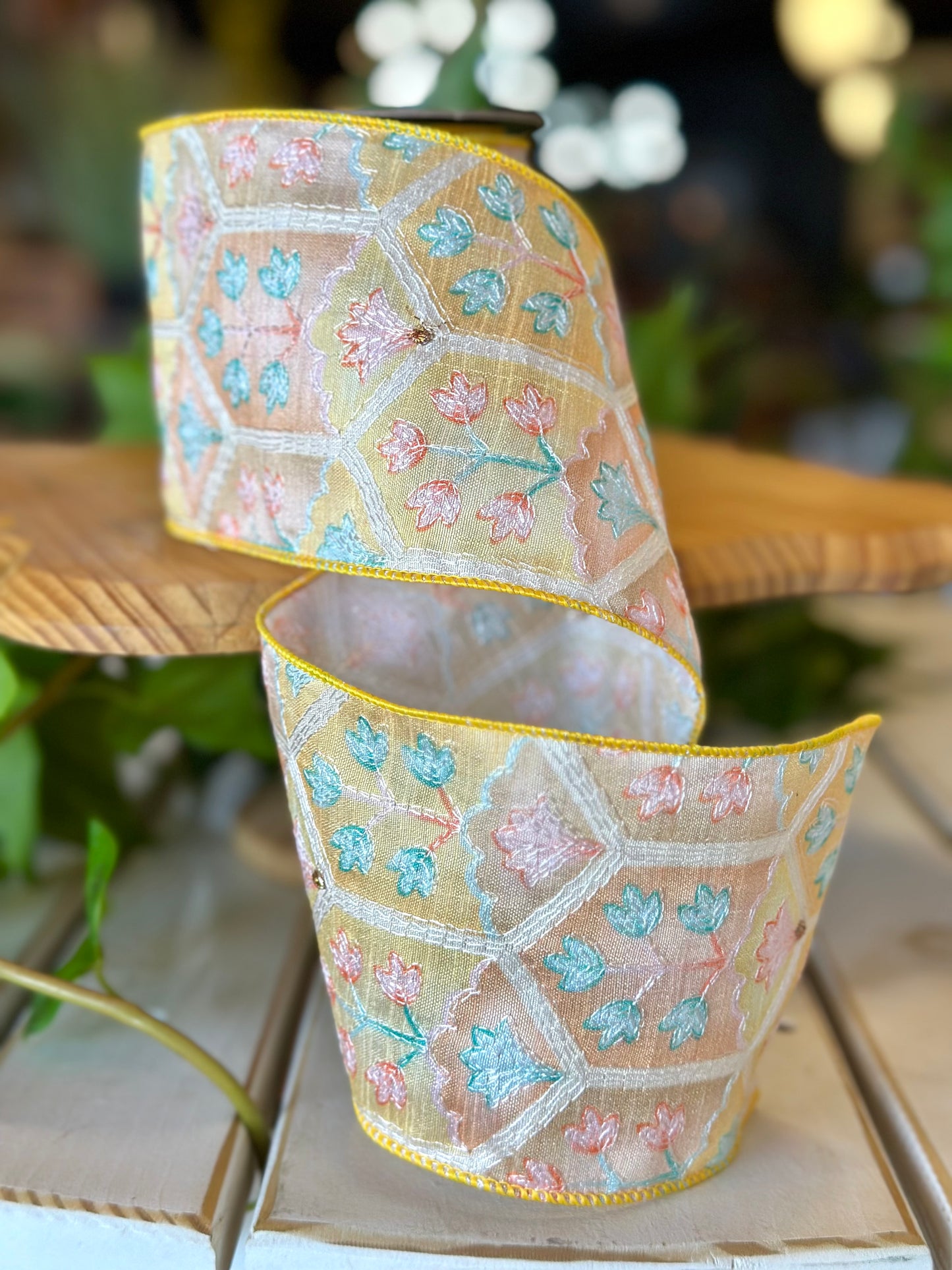 4" dupion boho botanical, yellow teal orange - 5 Yard Roll